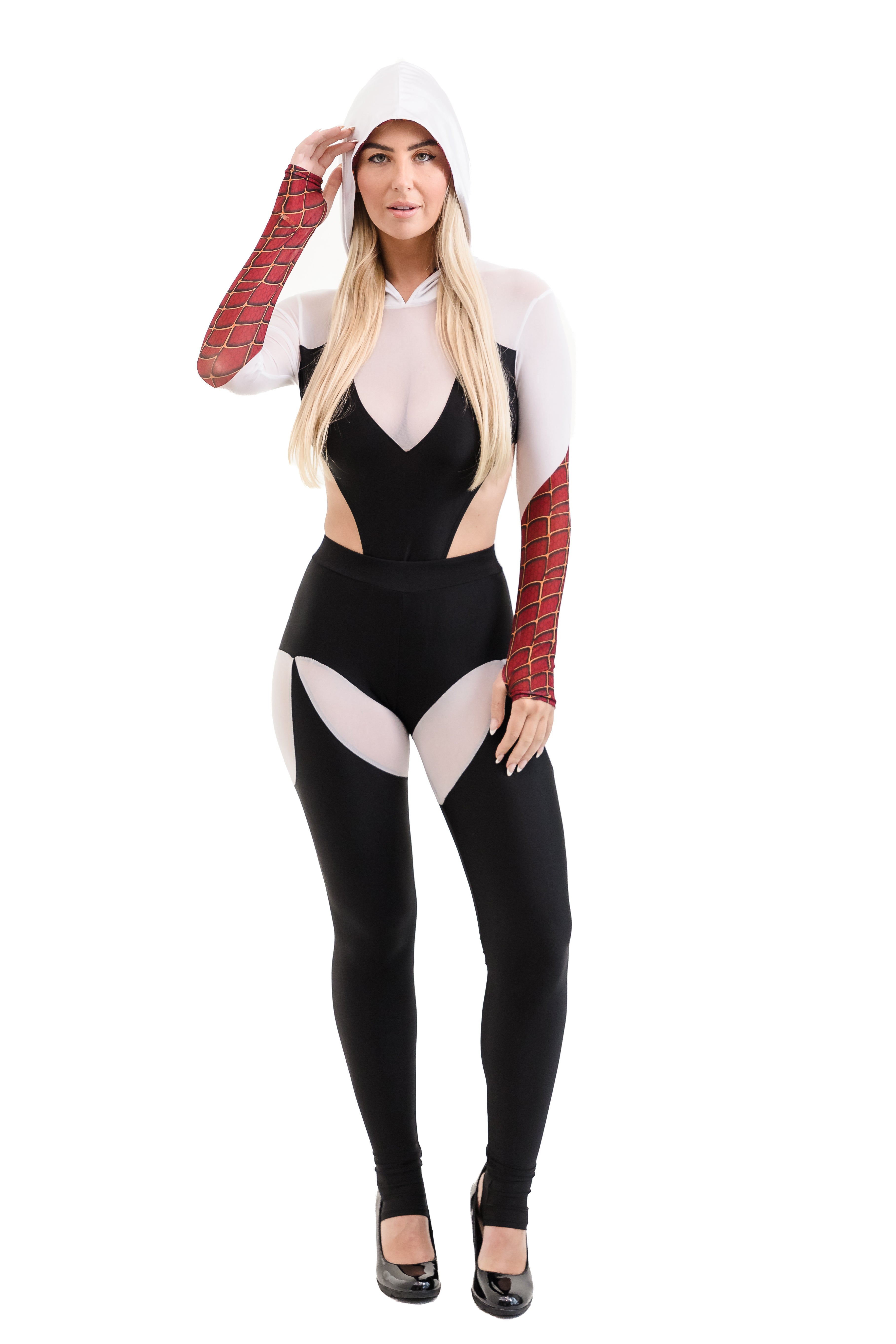 Model in black strappy spider bodysuit costume with cutouts and minimal coverage