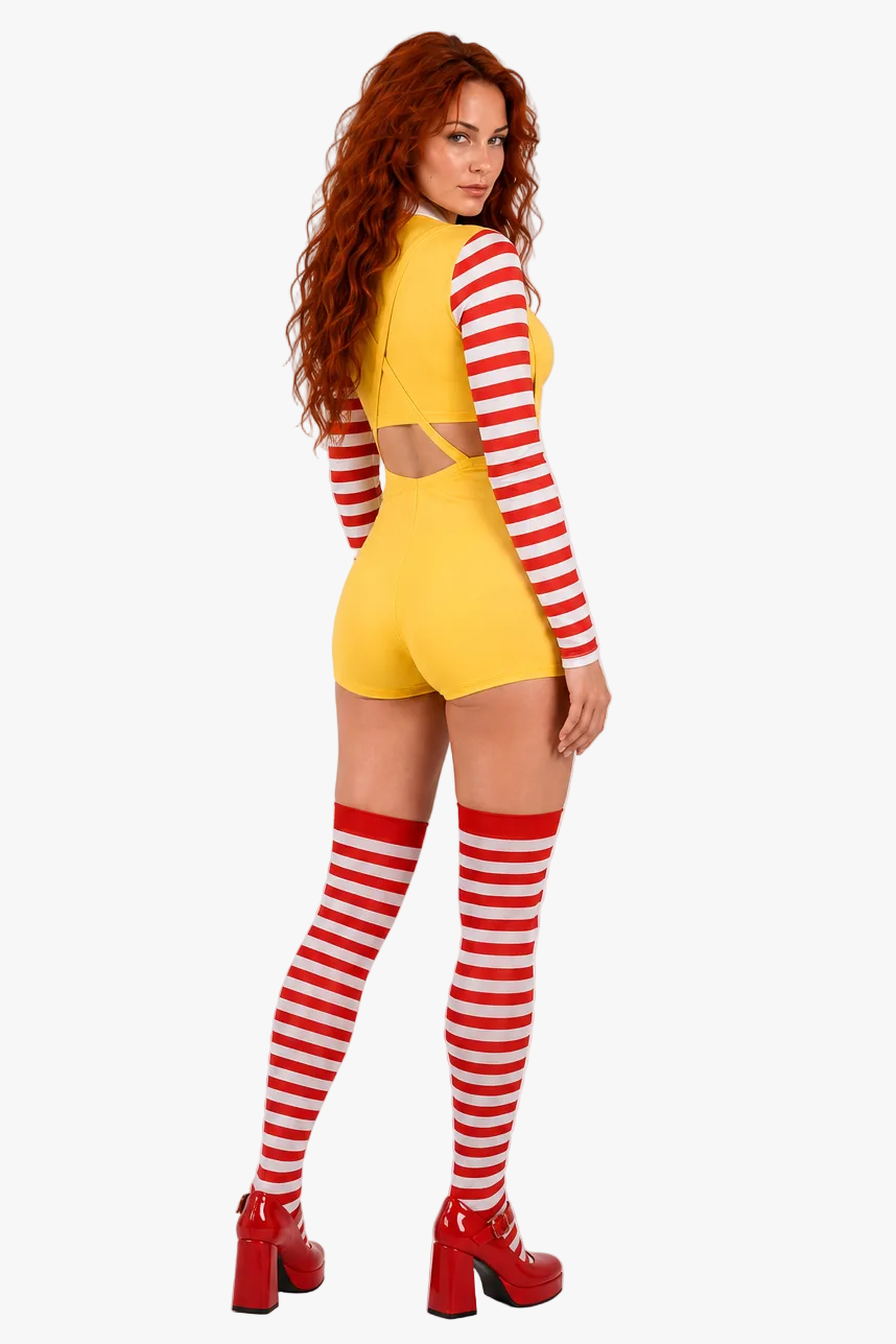 A woman modeling a yellow one-piece Ronald Mcdonald costume with red and white striped long sleeves and matching striped thigh-high socks, paired with red platform heels, against a light gray studio background.