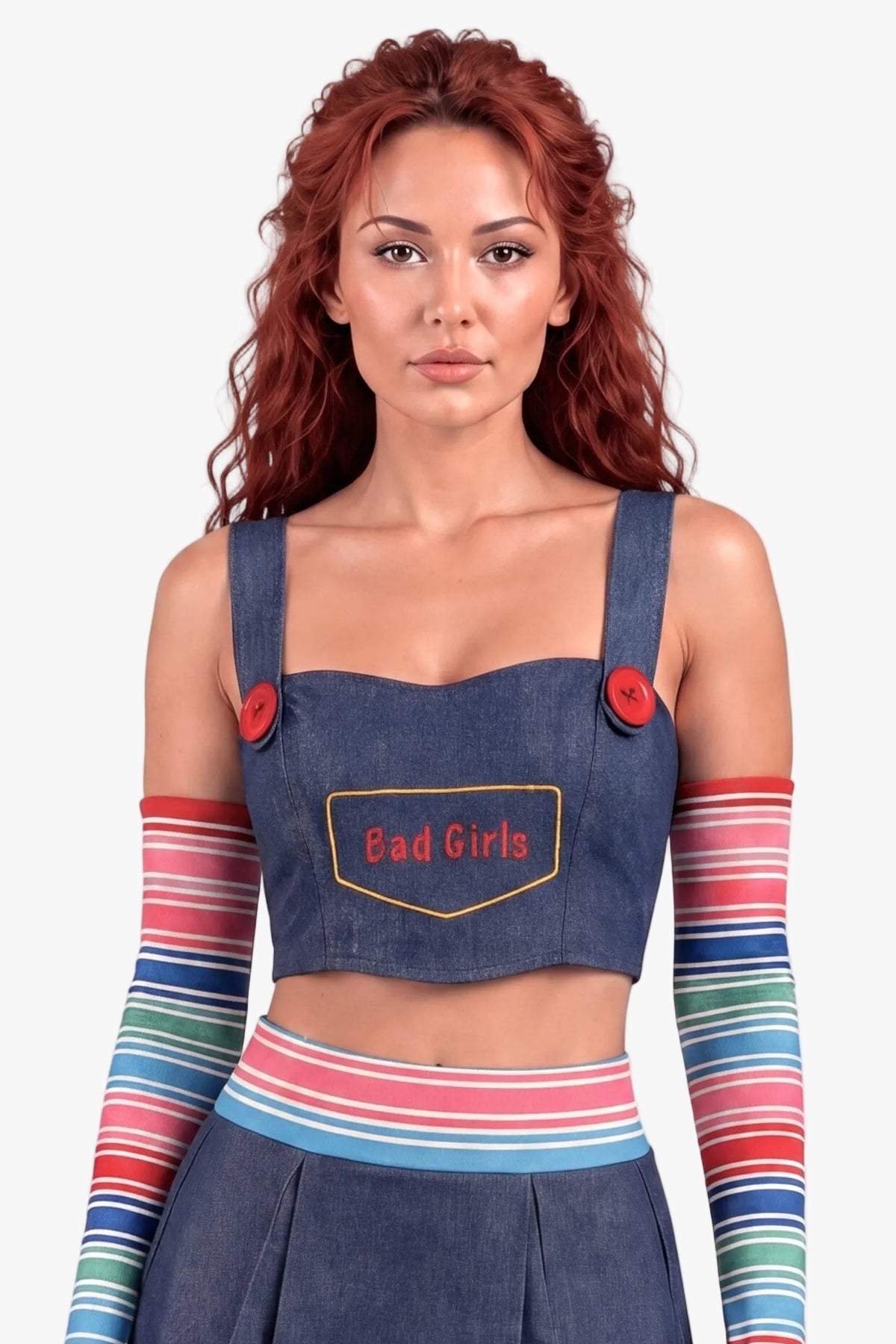A model wearing a denim Chucky-inspired costume set featuring a crop top with 'Bad Girls' text, a matching pleated mini skirt, and colorful striped arm warmers, against a plain light gray background.