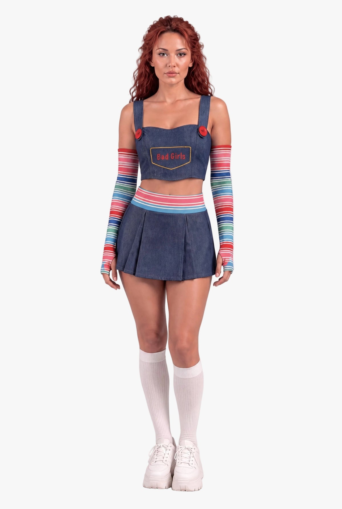 A model wearing a denim print Chucky-inspired costume set featuring a crop top with a 'Red Devil' patch, matching pleated mini skirt, and colorful striped arm warmers and socks, standing against a light gray studio background.