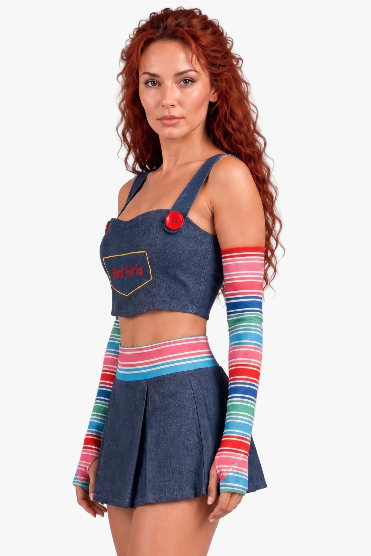 A model with curly red hair wearing a denim Chucky-inspired costume set consisting of a crop top with a red button and patch, a matching pleated mini skirt, and colorful striped fingerless arm warmers, against a plain light gray background.