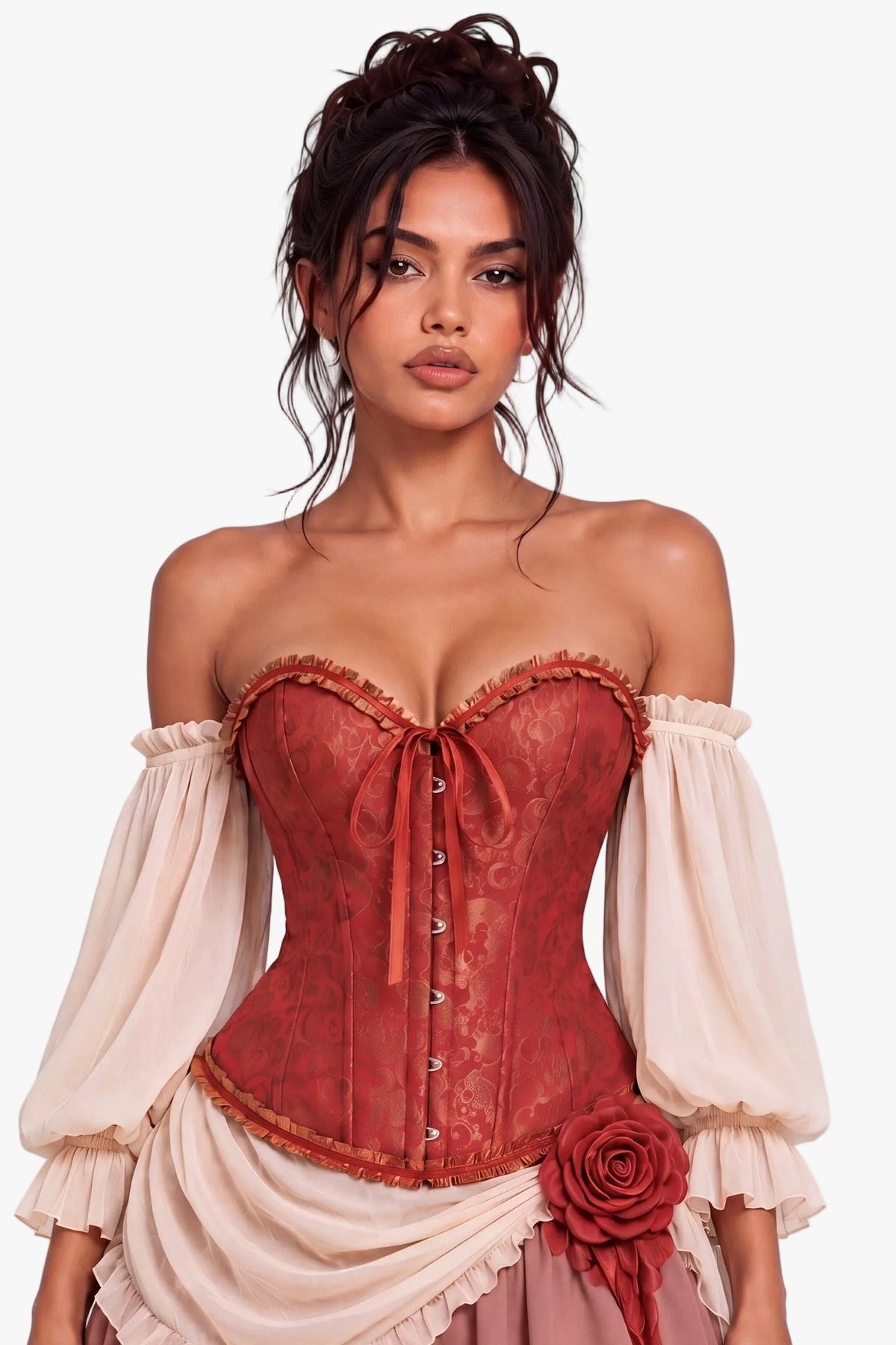 A model wearing a three-piece corset outfit featuring a rust-red corset top with cream puff sleeves, a matching cream draped overlay, and a tiered dusty rose mini skirt with a rose applique.