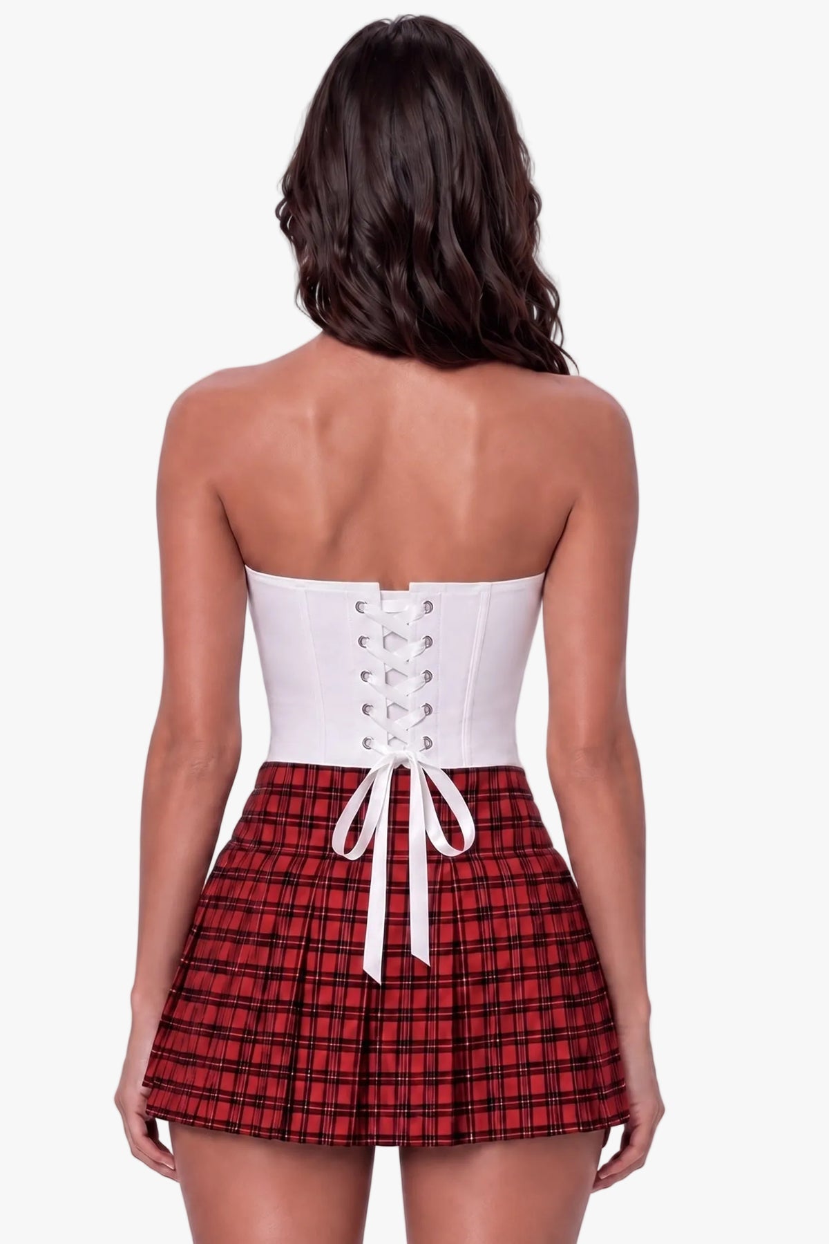 A woman shown from the back wearing a strapless corset-style top with a white lace-up back and a red-and-black plaid pleated skirt, against a light gray studio background.