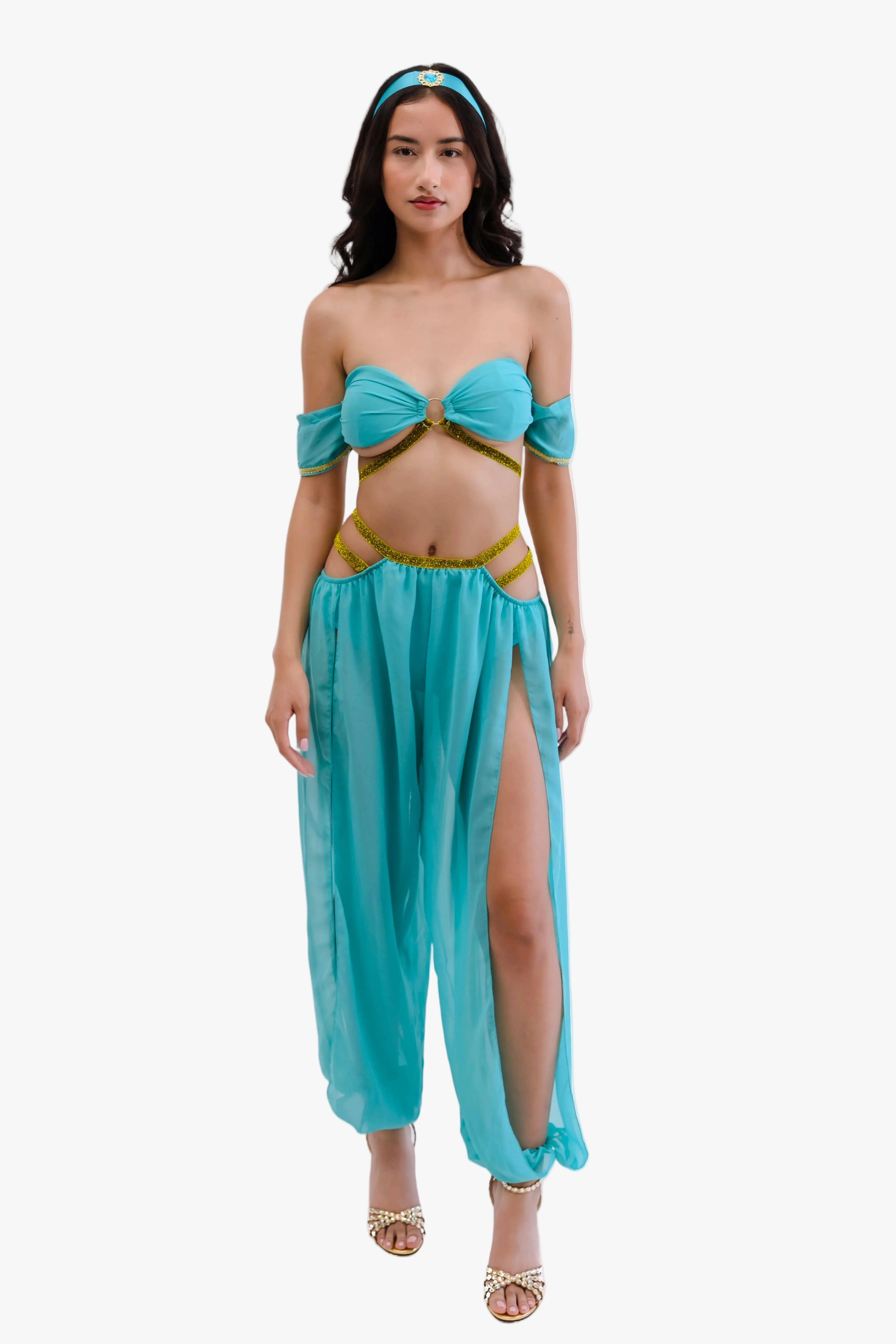 Woman wearing a blue jasmine costume with a white background
