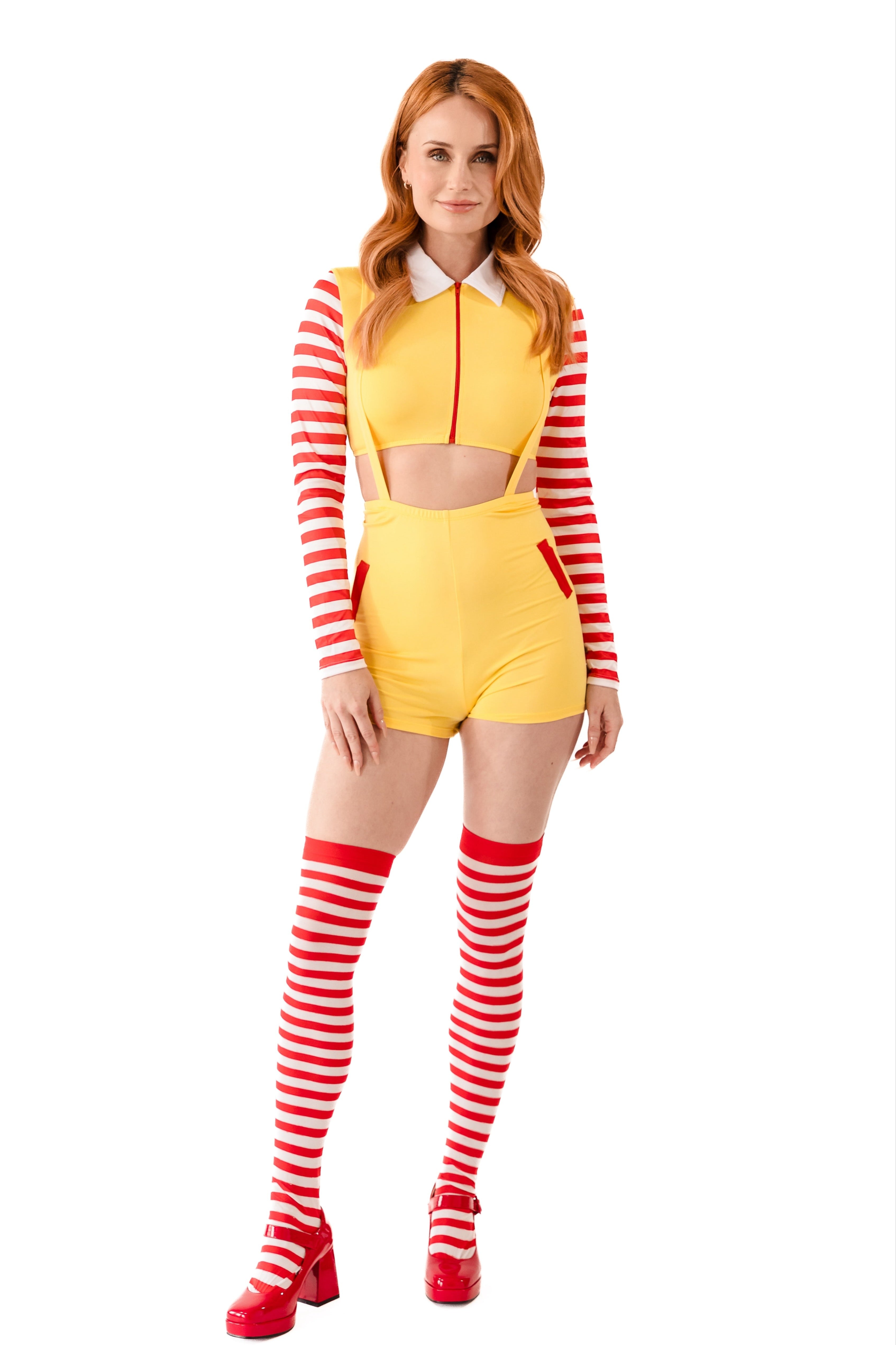 Model wearing a fast food restaurant outfit with yellow red and white striped long-sleeve top and socks on a white background