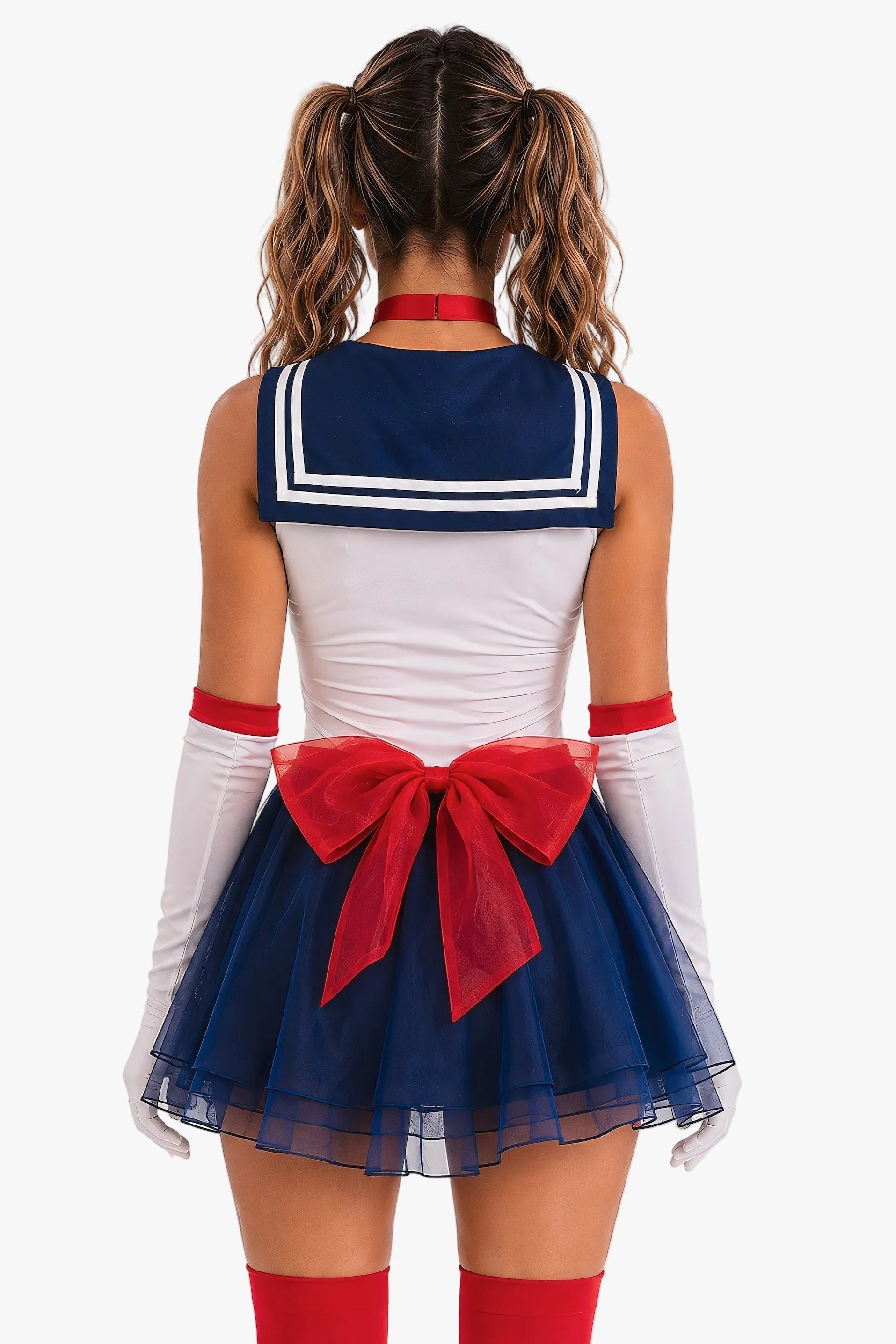 A model from behind wearing a Sailor Moon-inspired costume, featuring a white top with a navy blue collar, a navy blue tutu skirt with a large red bow, red arm warmers, and red knee-high socks, set against a plain white background.