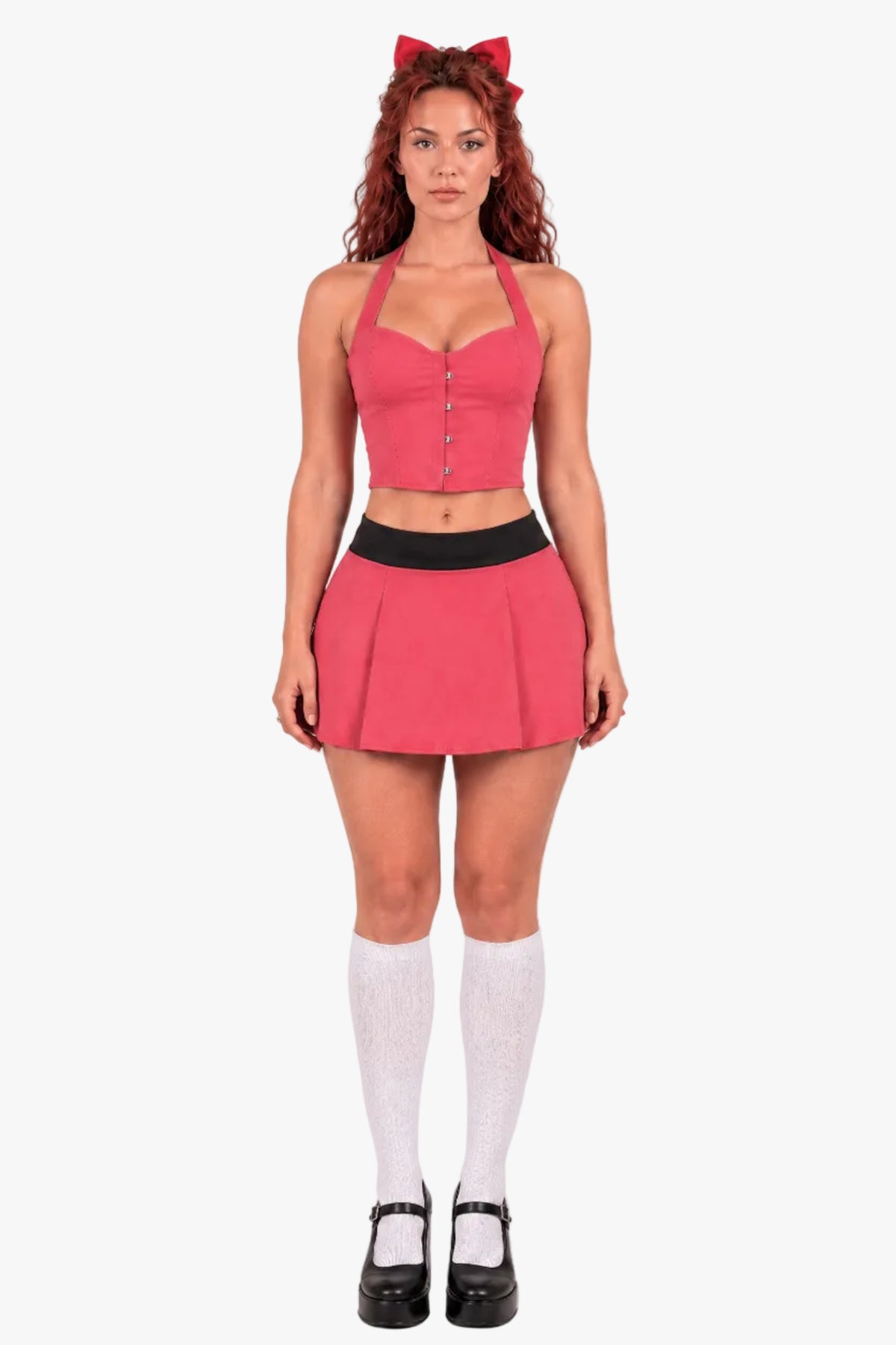 A woman modeling a powerpuff girl blossom costume - a pink halter crop corset top and matching pleated mini skirt with a black waistband, styled with a red bow headband, white knee-high socks, and black Mary Jane shoes against a light gray studio background.