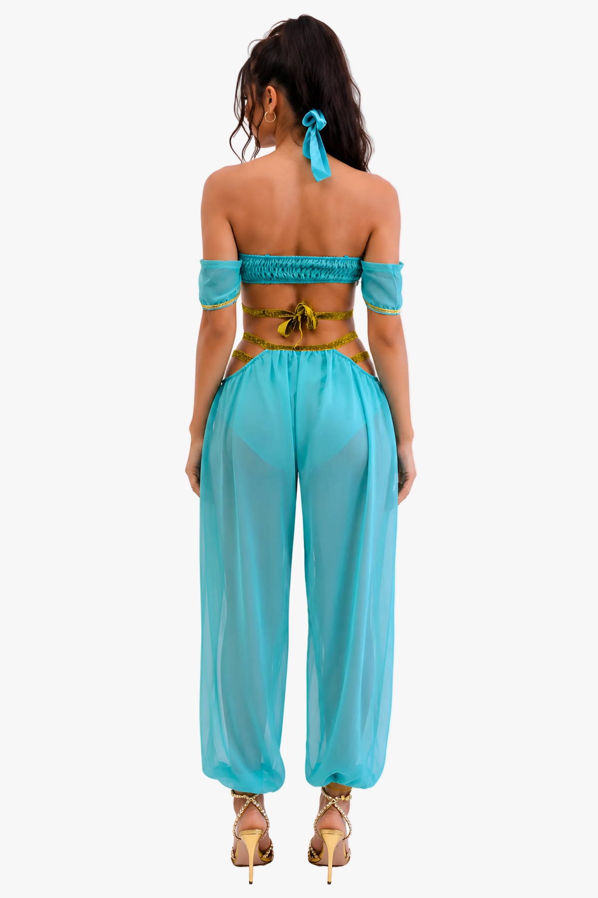 A woman shown from the back wearing a turquoise blue off-the-shoulder harem-style two-piece set with a gold tie detail at the waist, paired with gold high-heeled sandals, against a plain white background.