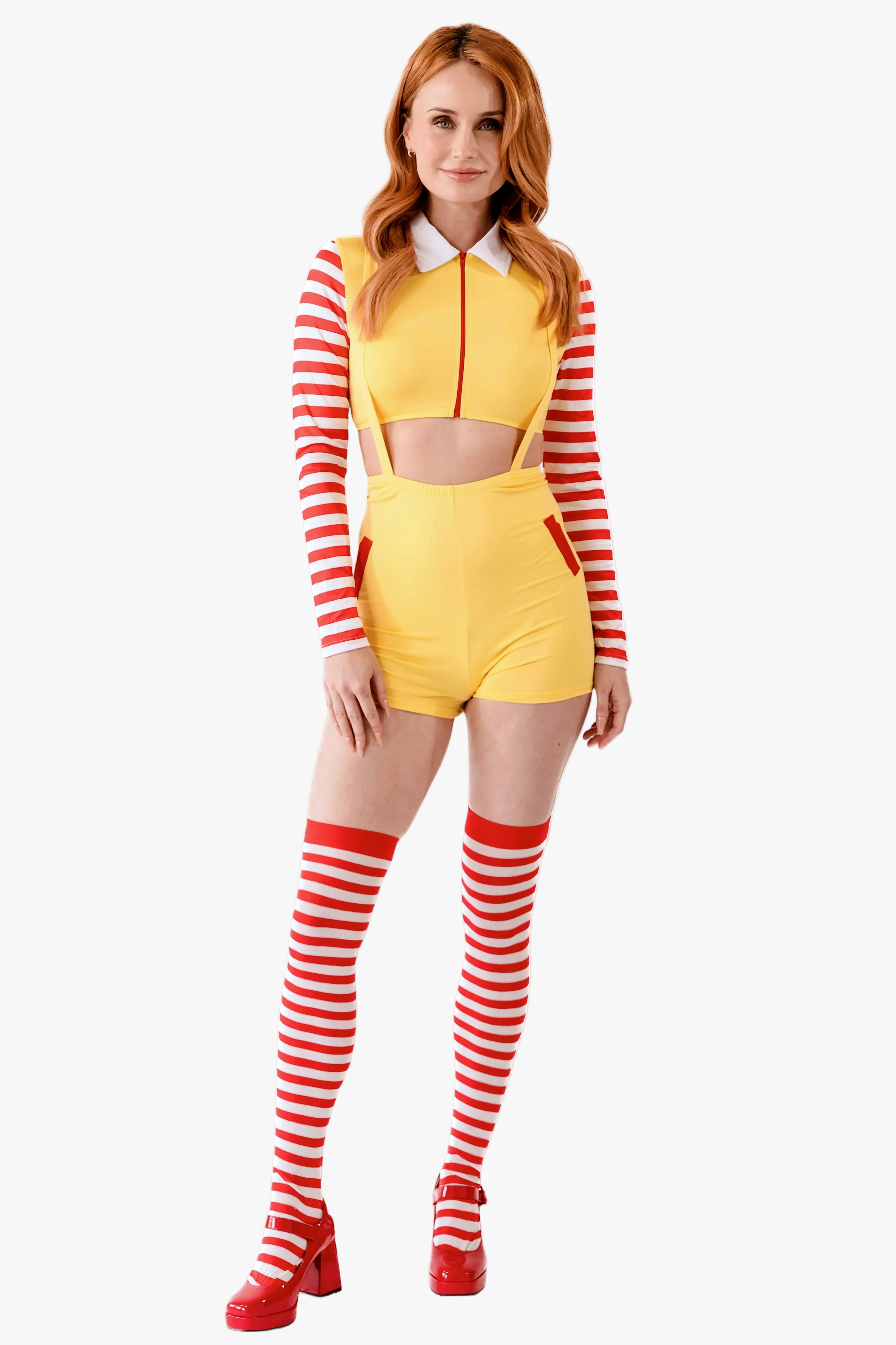A woman modeling ronald mcdonald costume, with red platform heels against a plain white background.