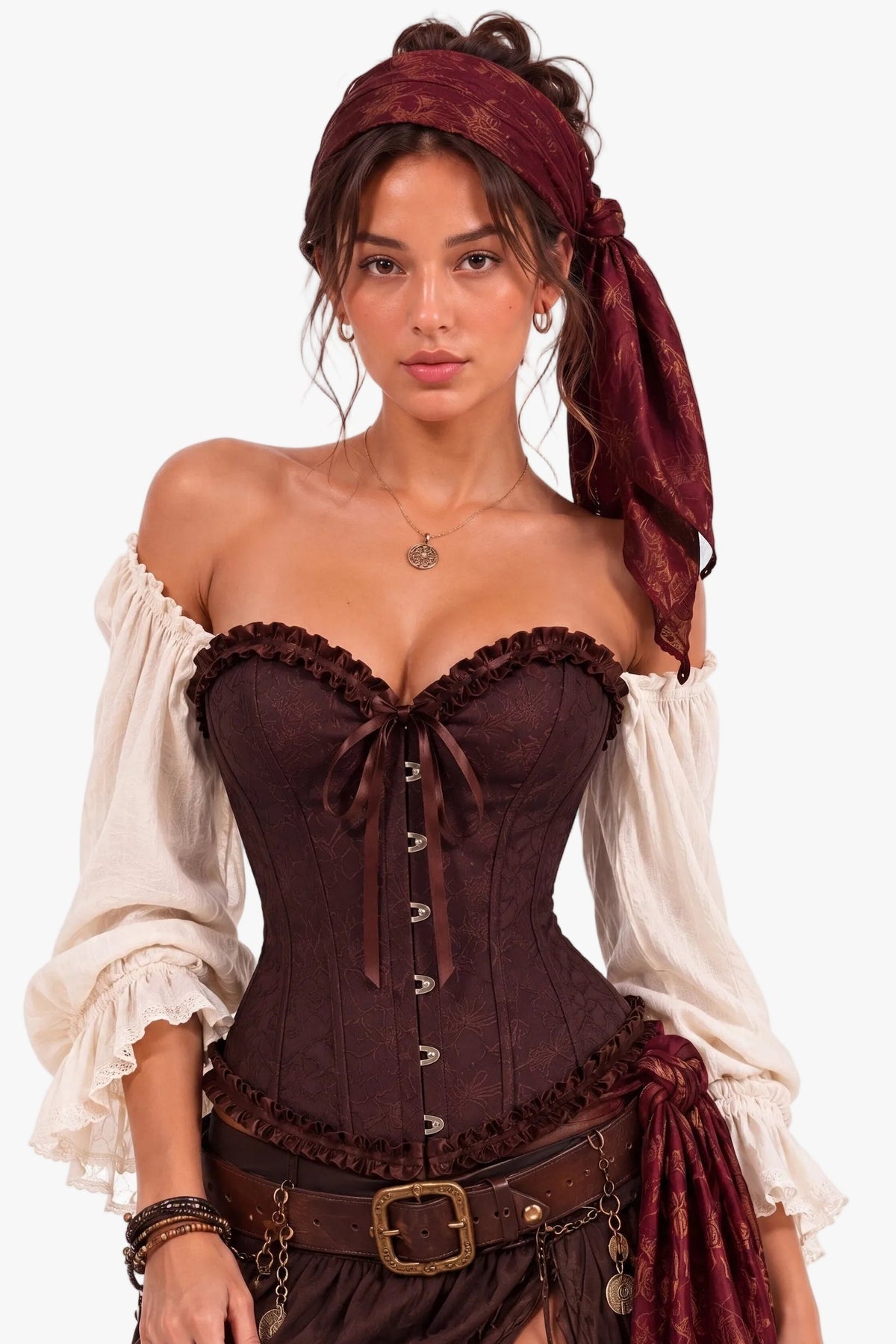 A woman modeling a pirate-style costume dress with a dark brown corset bodice, off-the-shoulder white long sleeves, a brown ruffled belt with a gold buckle, and a matching dark brown skirt, against a plain white background.