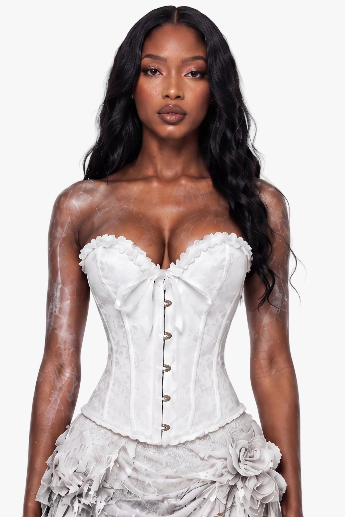 A model wearing a white corset top with lace trim and a matching distressed tattered skirt, posed against a solid white background.