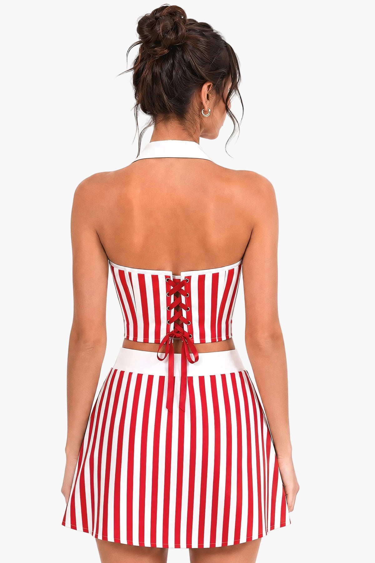 A woman shown from the back wearing a red and white vertically striped halter corset with a lace-up back and a thin brown belt at the waist, against a plain white studio background.