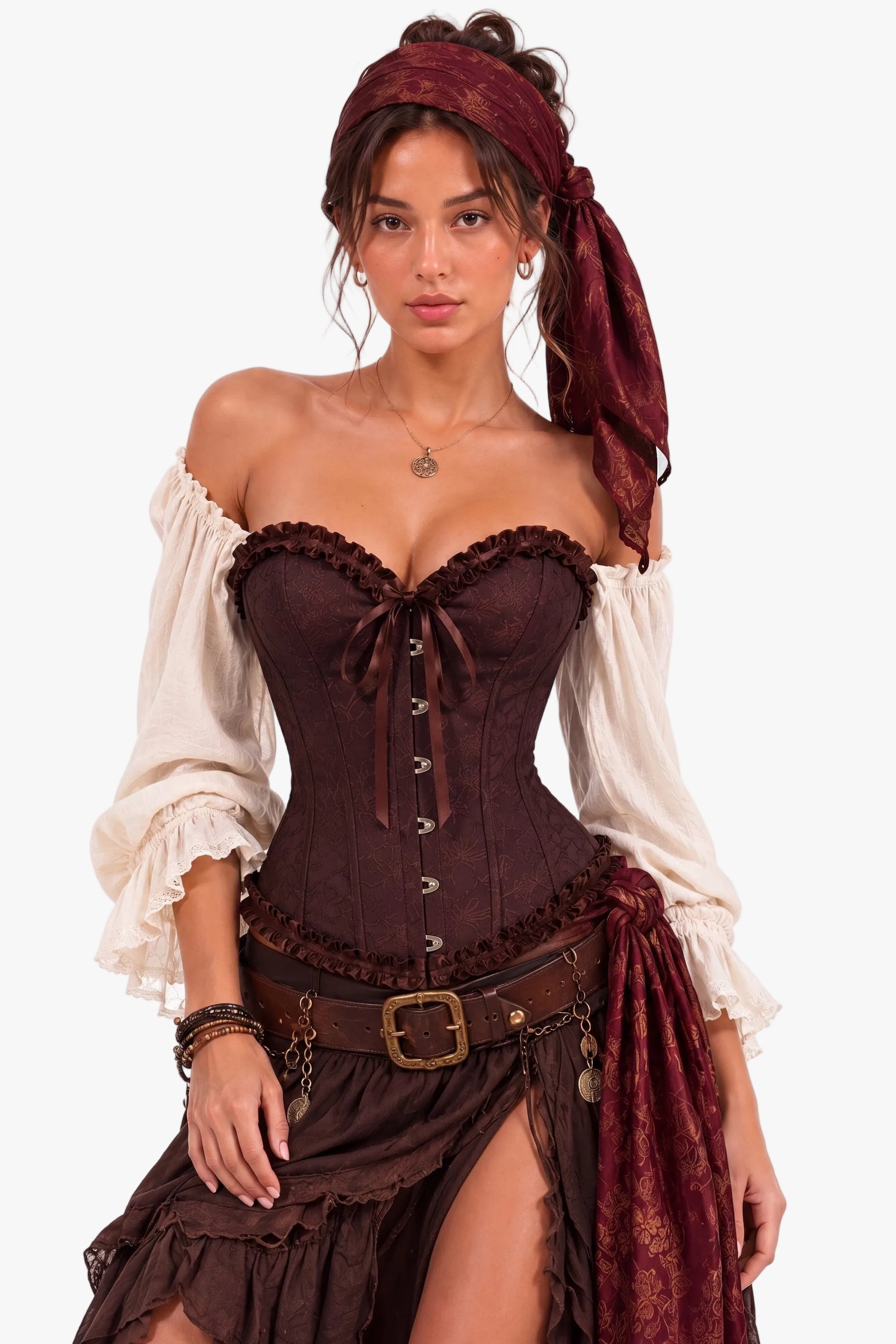 A woman modeling a pirate-style costume dress with a dark brown corset bodice, off-the-shoulder white long sleeves, a brown ruffled belt with a gold buckle, and a matching dark brown skirt, against a plain white background.