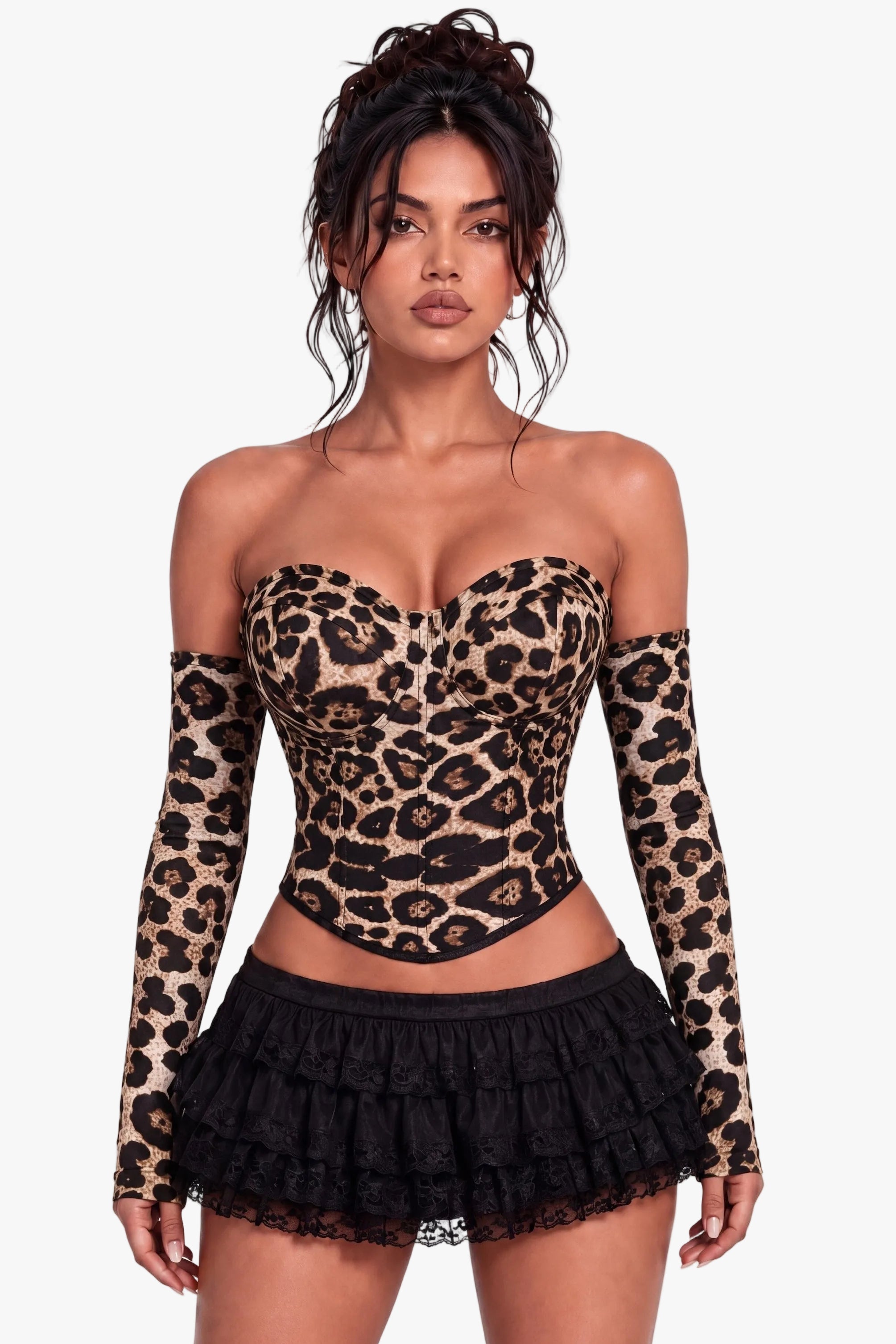 A model wearing a strapless leopard-print corset top with long sheer sleeves and a black ruffled mini skirt, photographed against a plain white studio background.