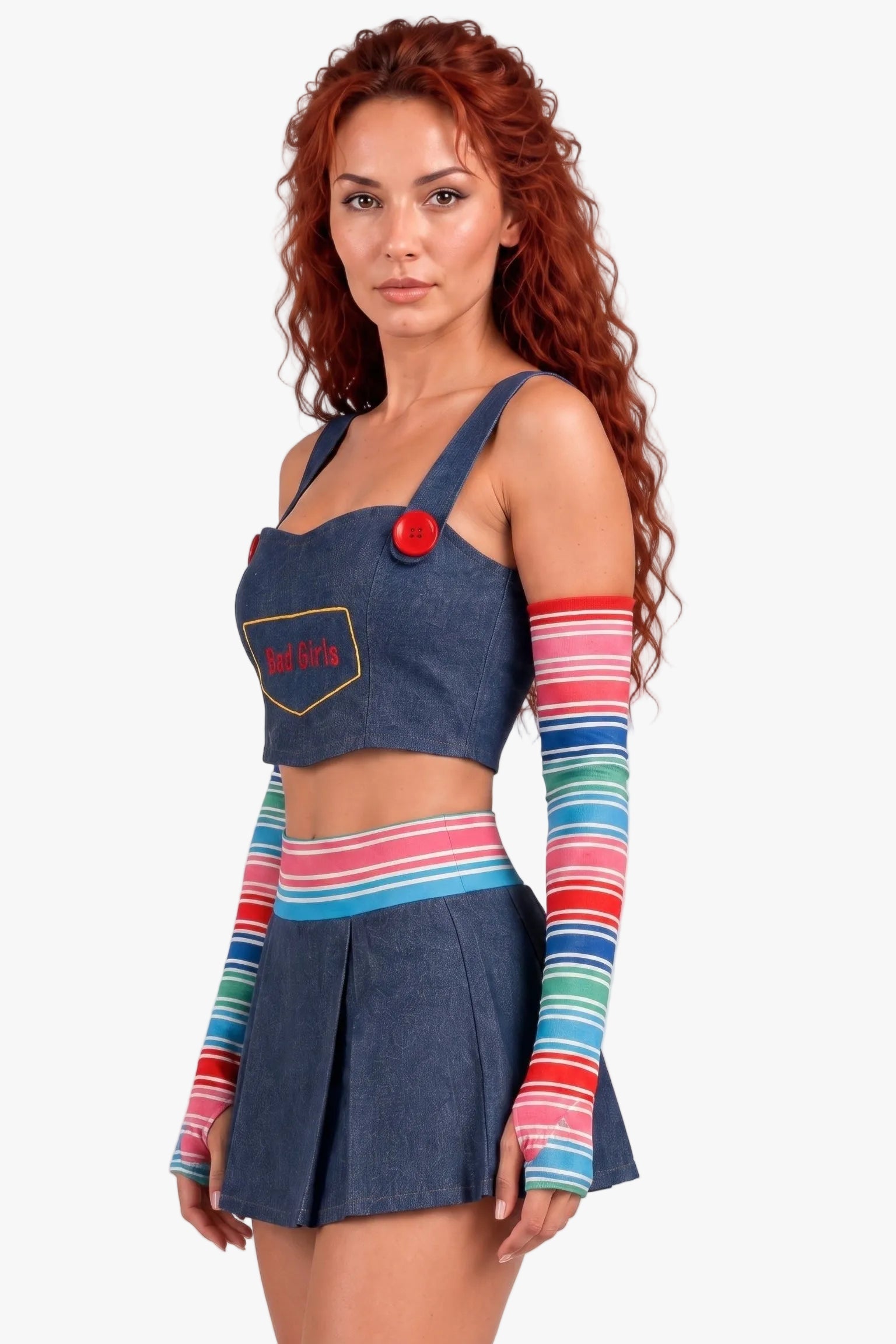 A model with curly red hair wearing a denim Chucky-inspired costume set consisting of a crop top with a red button and patch, a matching pleated mini skirt, and colorful striped fingerless arm warmers, against a plain light gray background.