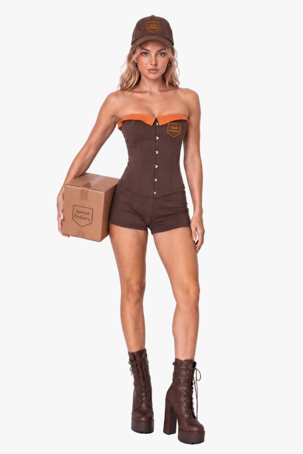 A woman modeling a delivery driver (UPS inspired) brown strapless corset with orange trim and a matching brown baseball cap, photographed against a plain light background.