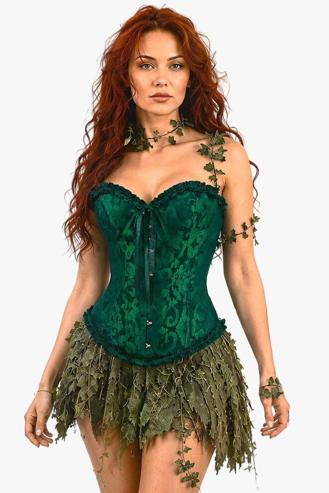 A model with long red hair wearing a green lace corset top and a matching leafy skirt, styled with leafy vines on a plain white background.