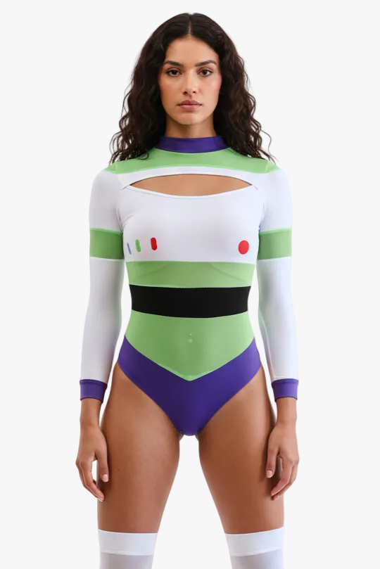 A model wearing a long-sleeve bodysuit styled after Buzz Lightyear, featuring a white, light green, and purple color-blocked design with a chest cutout, set against a plain white background.