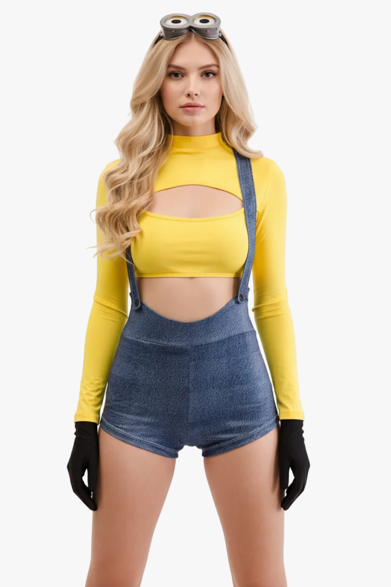 A blonde model wearing a minion costume- a yellow long-sleeve crop top with a chest cutout and blue denim-style suspenders over matching shorts, styled with black gloves and goggles on her head against a light gray background.
