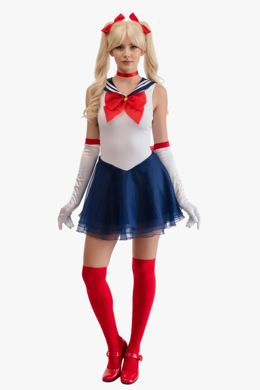 Person wearing a Sailor Moon costume on a white background