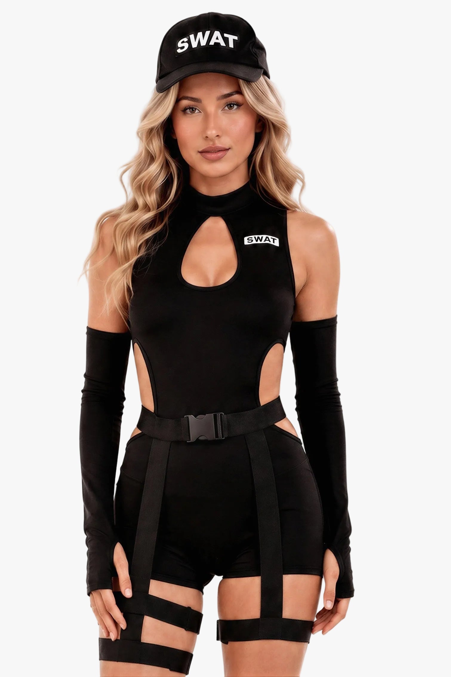 A woman modeling a black tactical-style one-piece bodysuit with side cutouts, matching fingerless sleeves, a waist belt, and thigh straps, paired with a black SWAT cap on a plain white background.