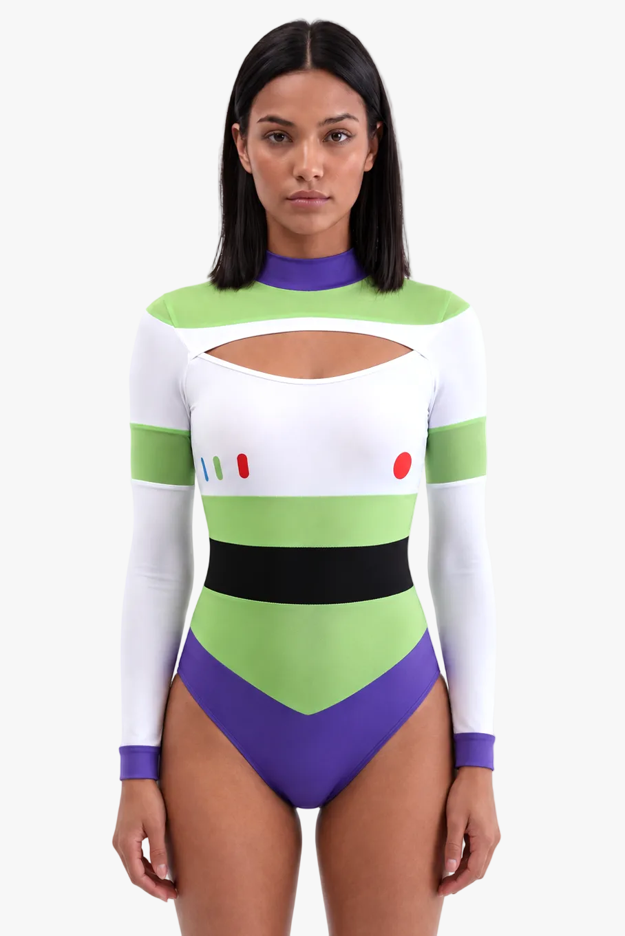 A woman modeling a long-sleeve bodysuit inspired by Buzz Lightyear, featuring a white, lime green, and purple color-blocked design with a black waistband and small red and green accents, set against a plain white background.