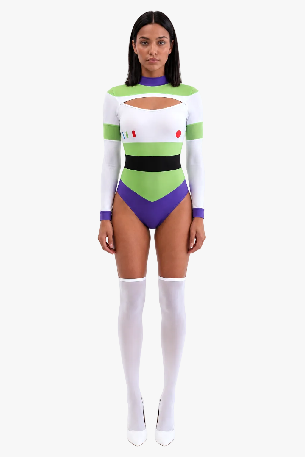 A model stands against a white studio background wearing a long-sleeve bodysuit inspired by Buzz Lightyear, featuring a white base with green, purple, and black panels, along with a chest cutout. She is also wearing white thigh-high socks and white heels.