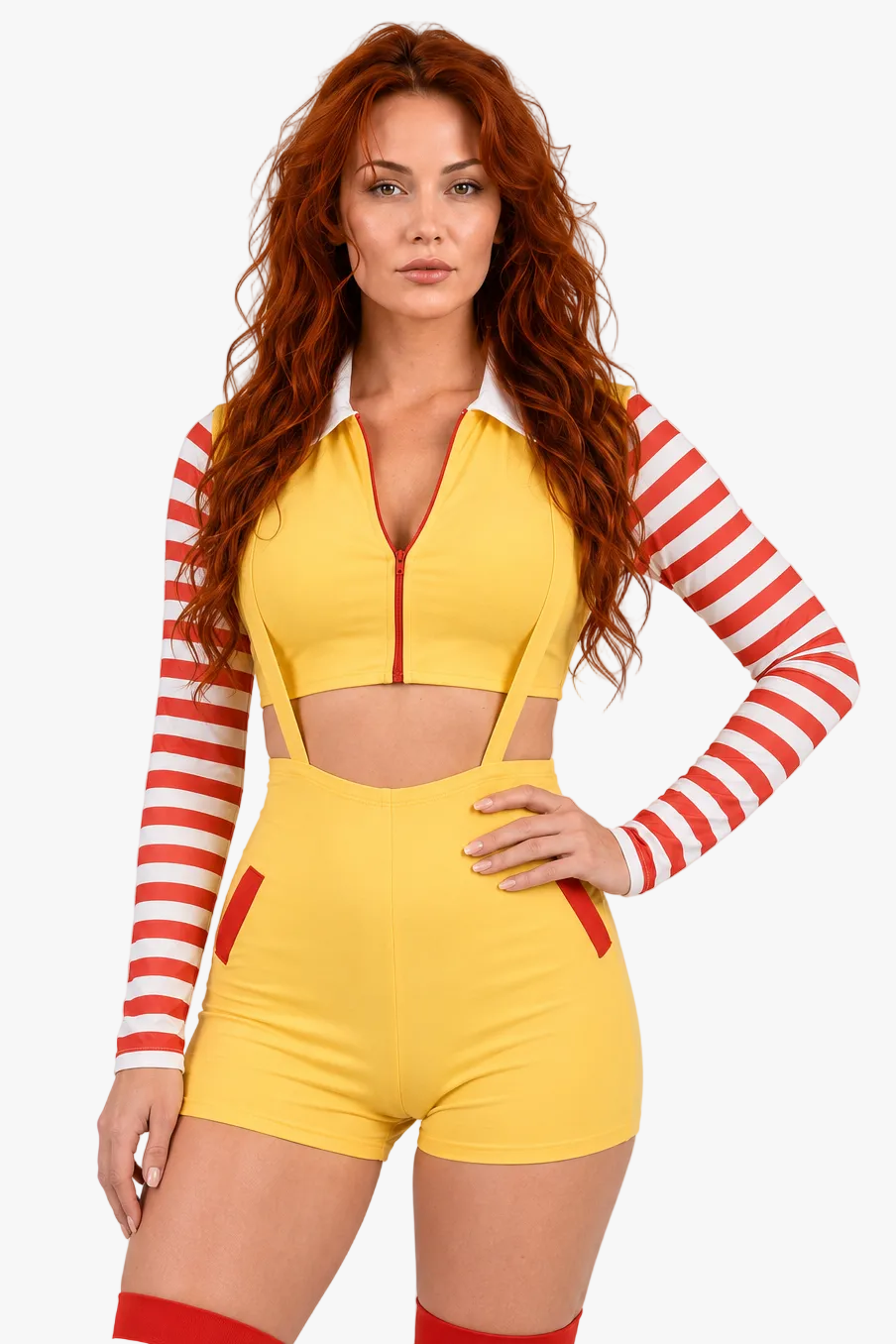 A model with long red hair wearing a Ronald Mcdonald yellow two-piece set consisting of a cropped long-sleeve top with red and white striped sleeves and matching yellow shorts, paired with red and white striped knee-high socks, against a light gray studio background.