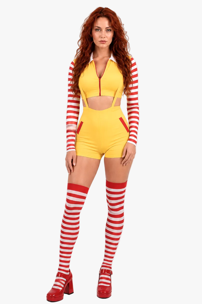 A model wearing a yellow Ronald Mcdonald two-piece outfit with red and white striped long sleeves and shorts, matching striped thigh-high socks, and red platform heels, photographed against a light gray studio background.