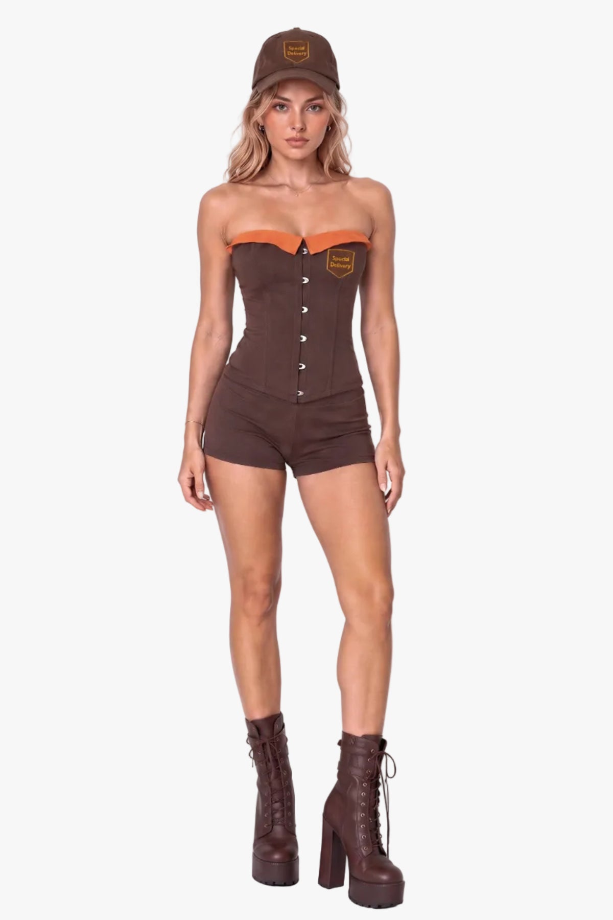 A woman modeling a  delivery driver (UPS inspired) brown strapless corset with orange trim and a matching brown baseball cap, photographed against a plain light background.