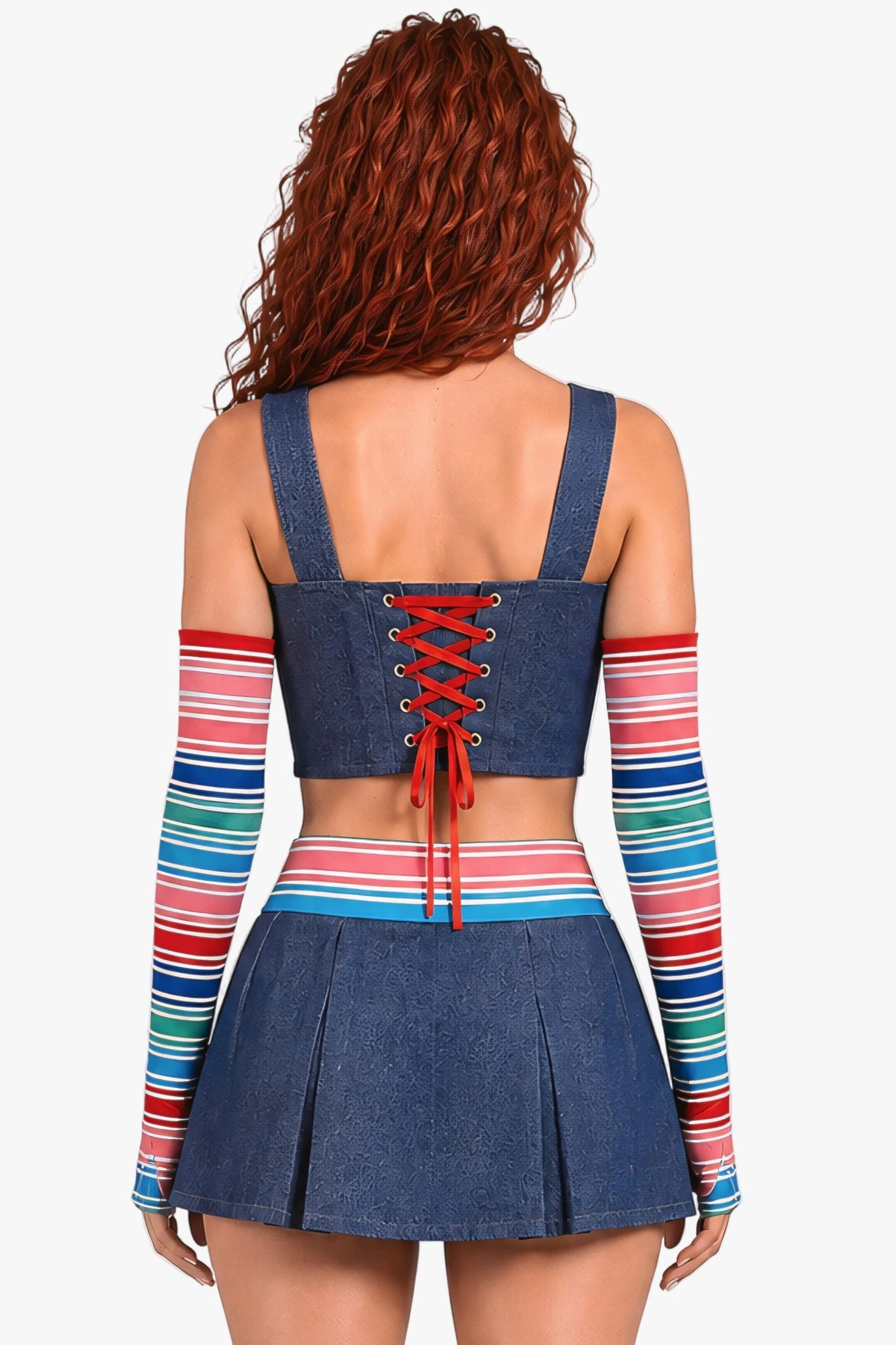 A model shown from the back wearing a denim-style mini skirt and matching corset top with colorful striped arm warmers. The outfit features red lace-up detailing on the back of the top and a striped waistband.