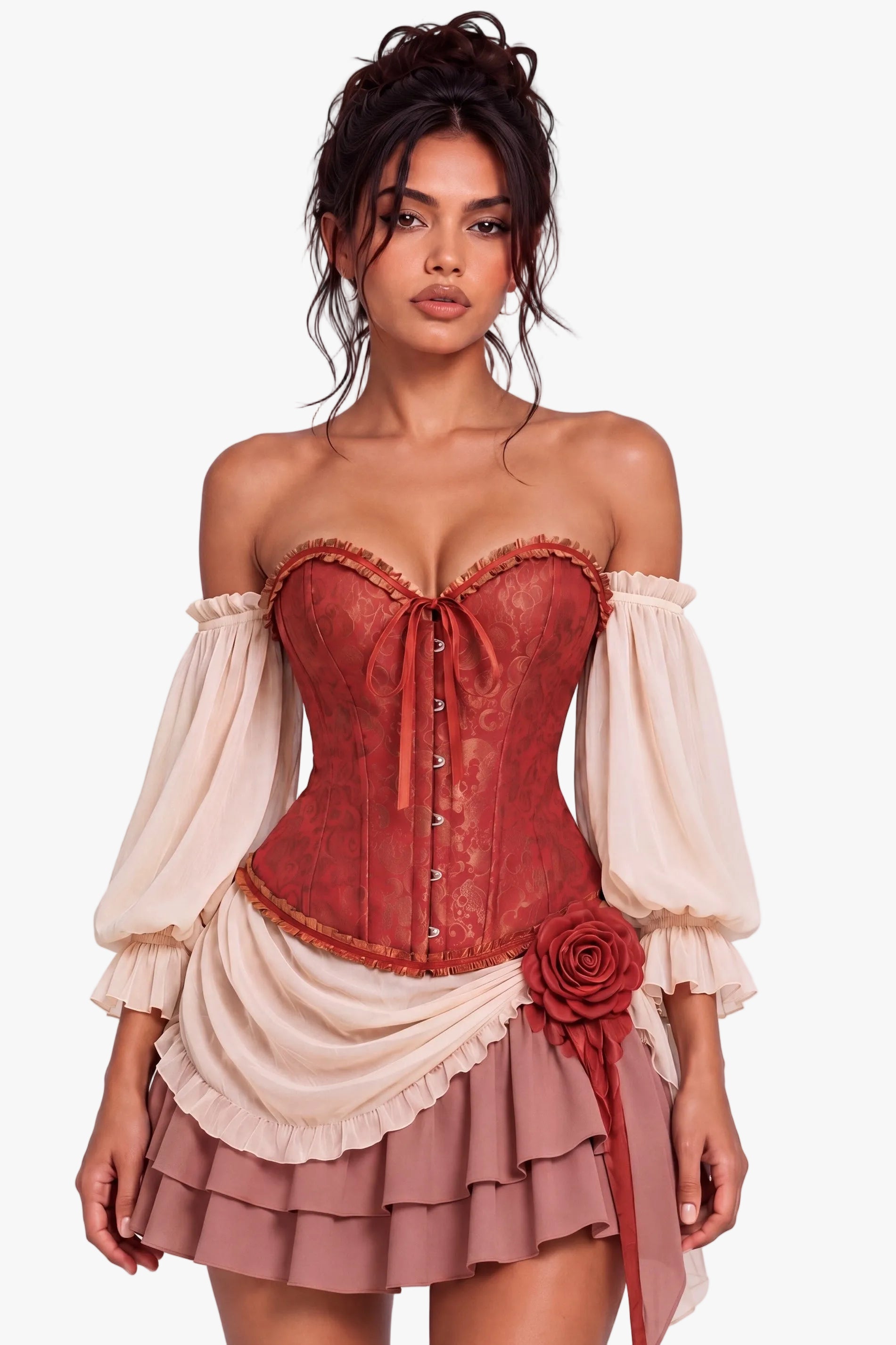 A model wearing a three-piece corset outfit featuring a rust-red corset top with cream puff sleeves, a matching cream draped overlay, and a tiered dusty rose mini skirt with a rose applique.