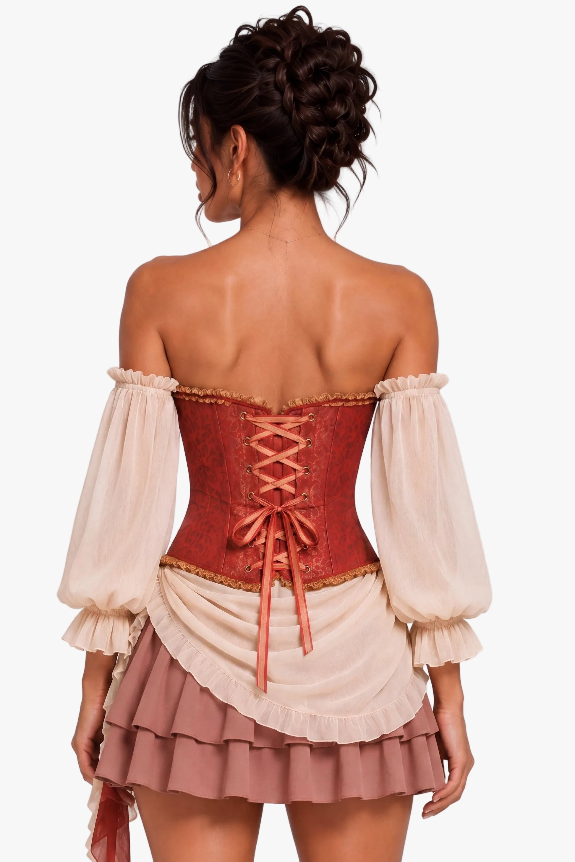 A woman shown from the back wearing a medieval-style costume corset with a red lace-up corset, cream puff sleeves, and a dusty rose ruffled skirt against a light gray studio background.
