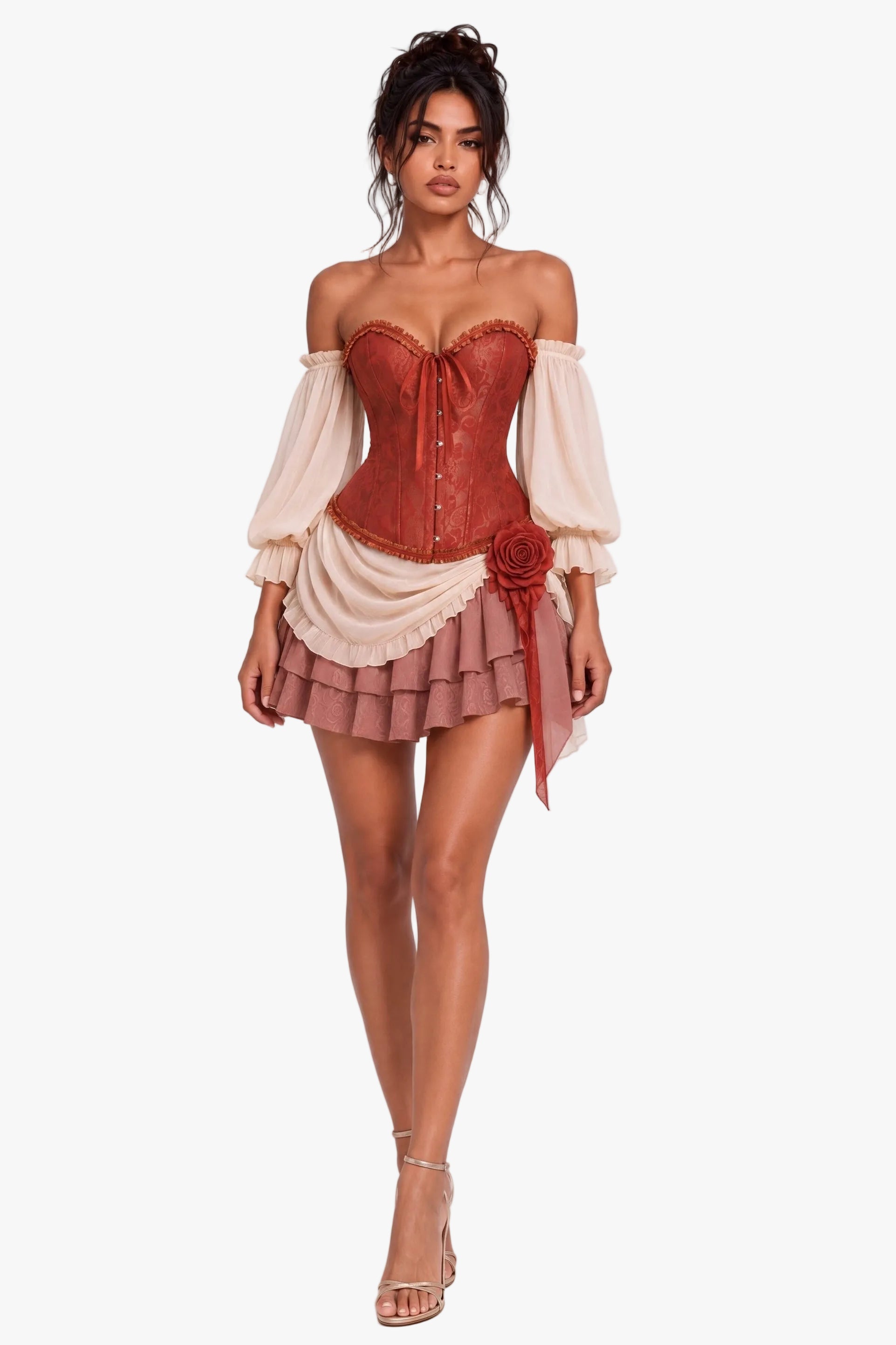A model wearing a corset dress featuring a rust-red corset bodice, cream puff sleeves, a dusty rose ruffled skirt, and a matching red rose applique, set against a plain light gray studio background.
