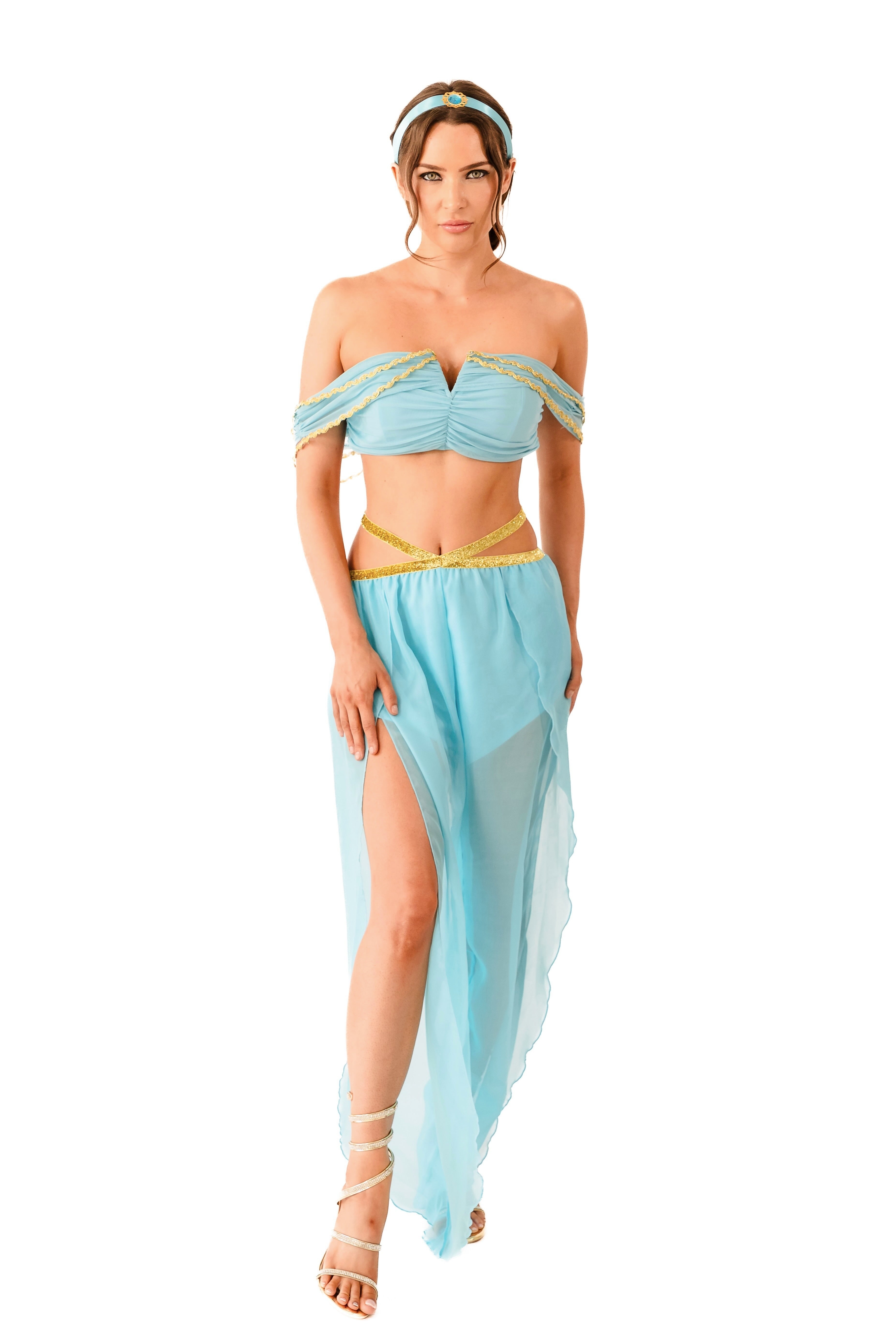 Model in sheer Arabian-inspired princess costume with gold details and harem pants