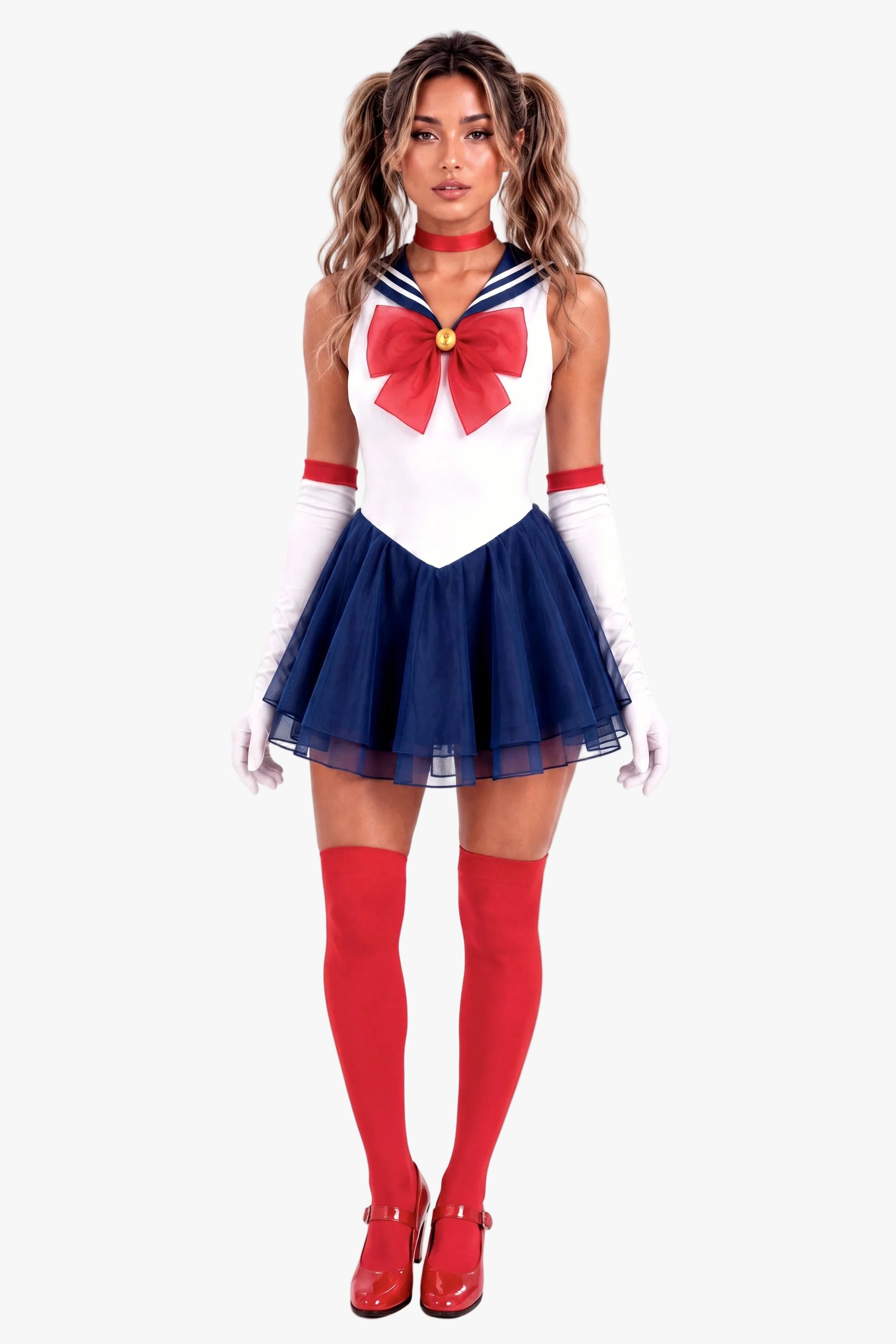 A woman modeling a Sailor Moon-inspired costume against a plain white background. The costume includes a white sleeveless top with a large red bow and navy blue collar, a navy blue tulle skirt, white arm sleeves, red thigh-high socks, and red shoes.
