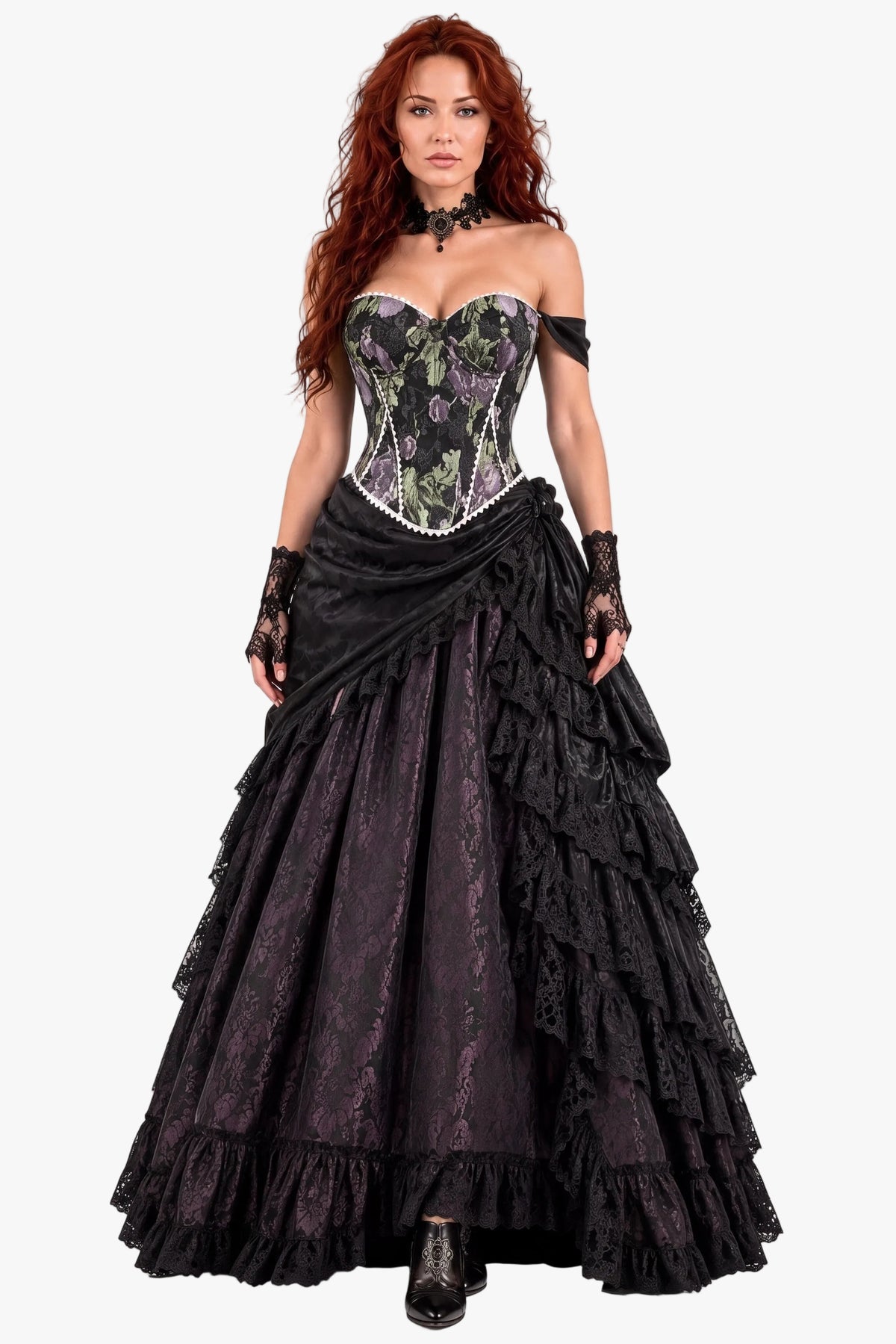 A model wearing a Victorian-style gothic dress with a floral-patterned corset bodice, black lace off-shoulder straps, a layered black ruffled skirt, and black lace gloves, set against a plain white studio background.