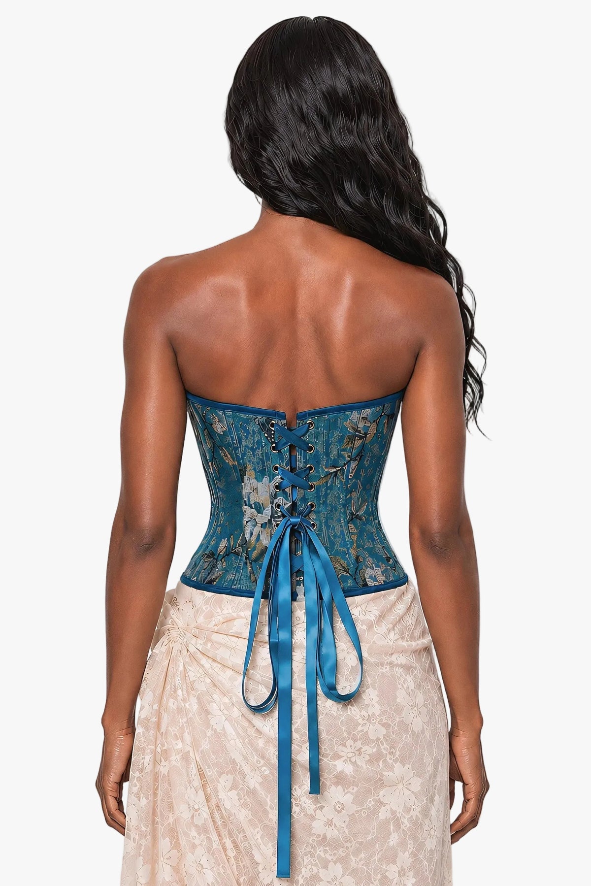 A woman shown from the back wearing a strapless teal blue corset top with floral lace detailing and a matching blue ribbon tie, paired with a light beige patterned skirt, against a plain white background.