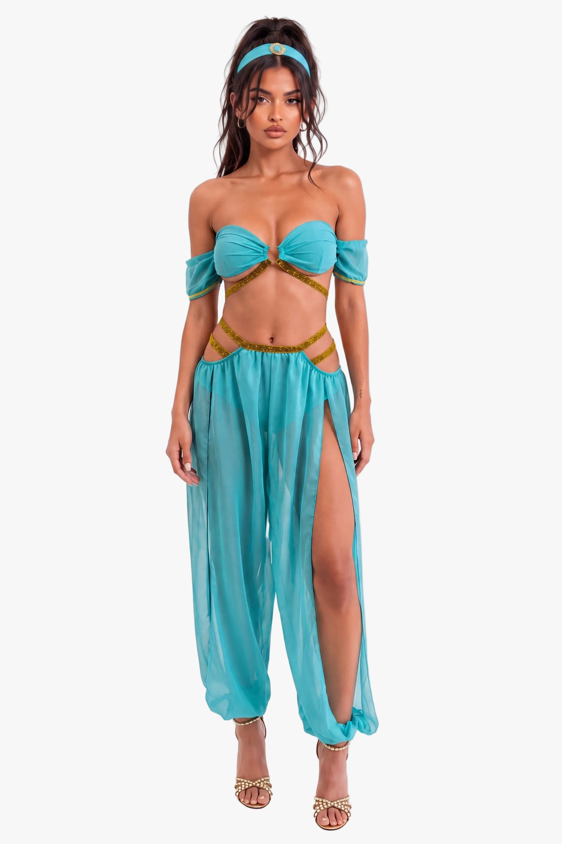 A model wearing a turquoise blue and gold Jasmine-inspired costume set, featuring an off-the-shoulder crop top with a gold corset-style waist belt, matching high-slit harem pants, a headband, and gold heeled sandals, set against a plain white background.