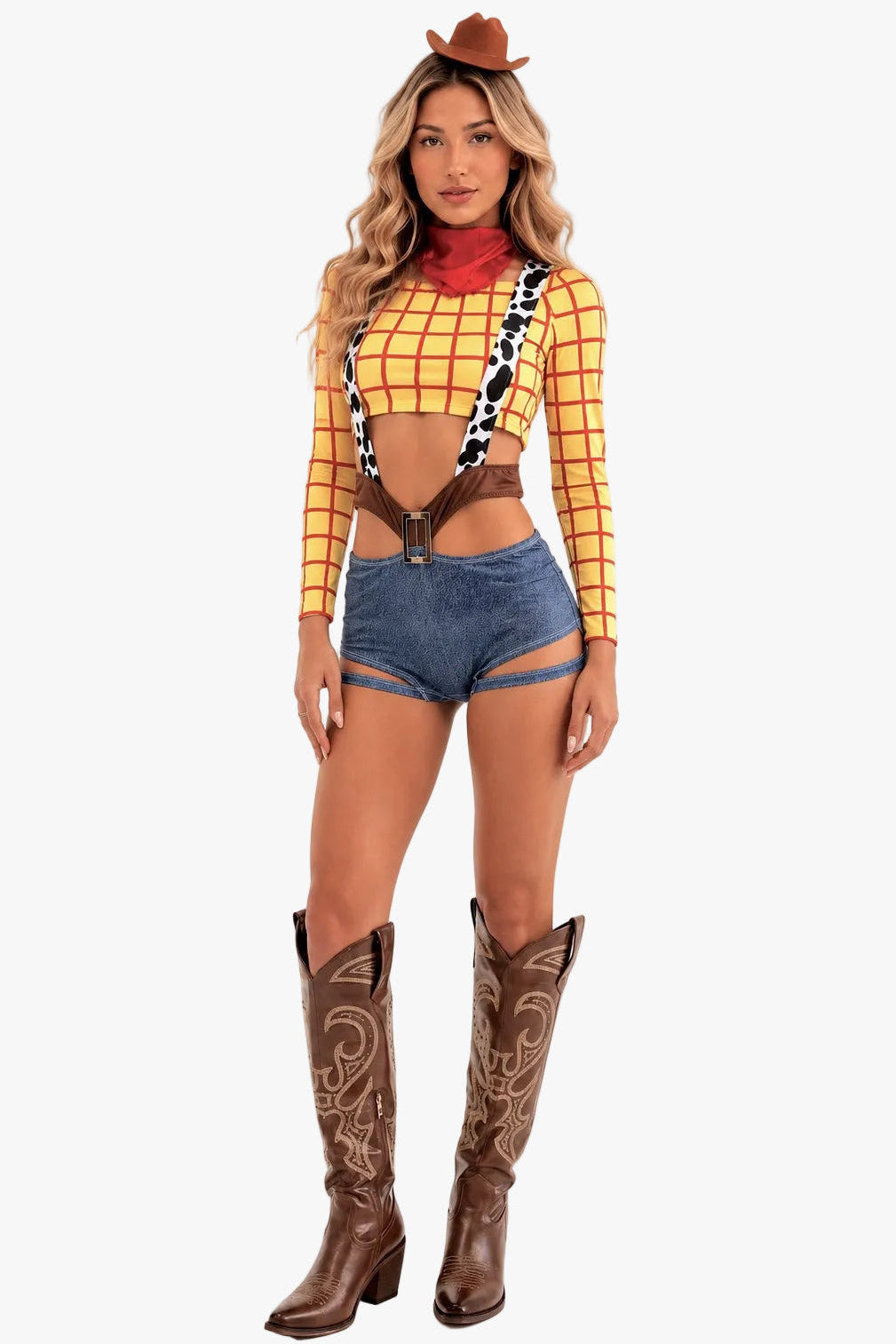 A woman modeling a Woody-inspired western costume against a plain white background. The outfit includes a yellow and red checkered long-sleeve crop top with black-and-white suspenders, blue denim shorts, brown cowboy boots, a red neck scarf, and a brown cowboy hat.