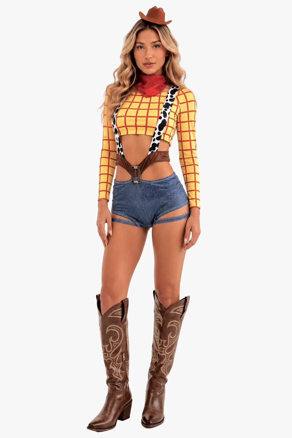 A woman modeling a Woody-inspired western costume against a plain white background. The outfit includes a yellow and red checkered long-sleeve crop top with black-and-white suspenders, blue denim shorts, brown cowboy boots, a red neck scarf, and a brown cowboy hat.