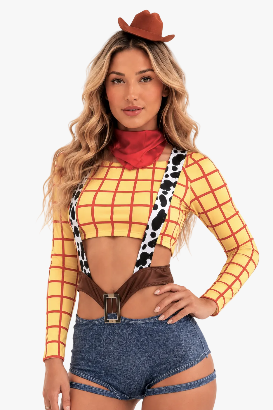 A woman modeling a Woody-inspired costume top with a yellow and red check pattern, cow-print suspenders, a red neck scarf, and a brown hat against a plain white background.