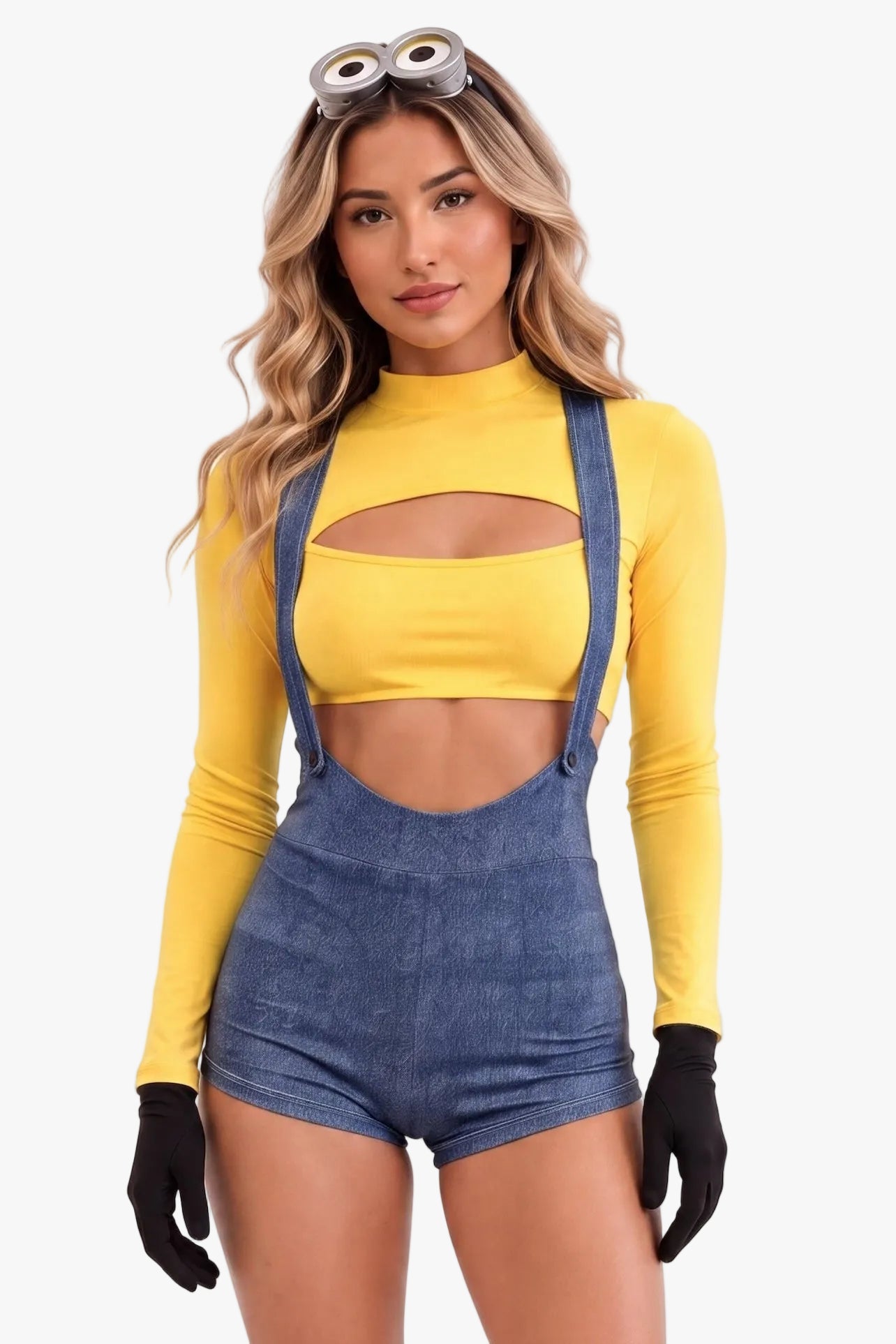 A woman modeling a minion costume -a yellow long-sleeve crop top with a chest cutout and blue denim-style suspenders, paired with blue denim shorts, black gloves, and goggles on her head against a plain white background.