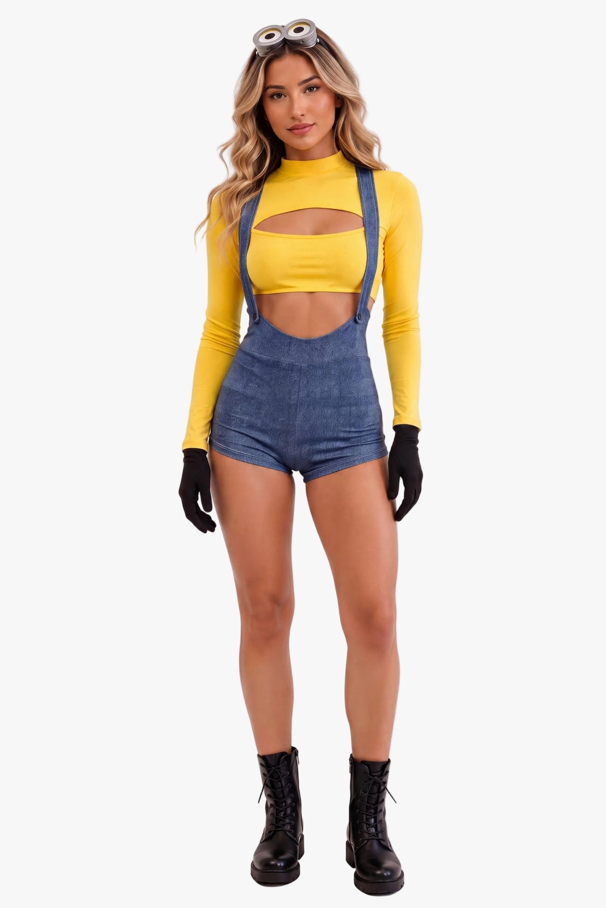 A woman modeling a minion costume - yellow long-sleeve mock neck top with a chest cutout and matching blue denim-style shorts with suspenders, styled with black gloves, black combat boots, and goggles on her head against a plain white background.