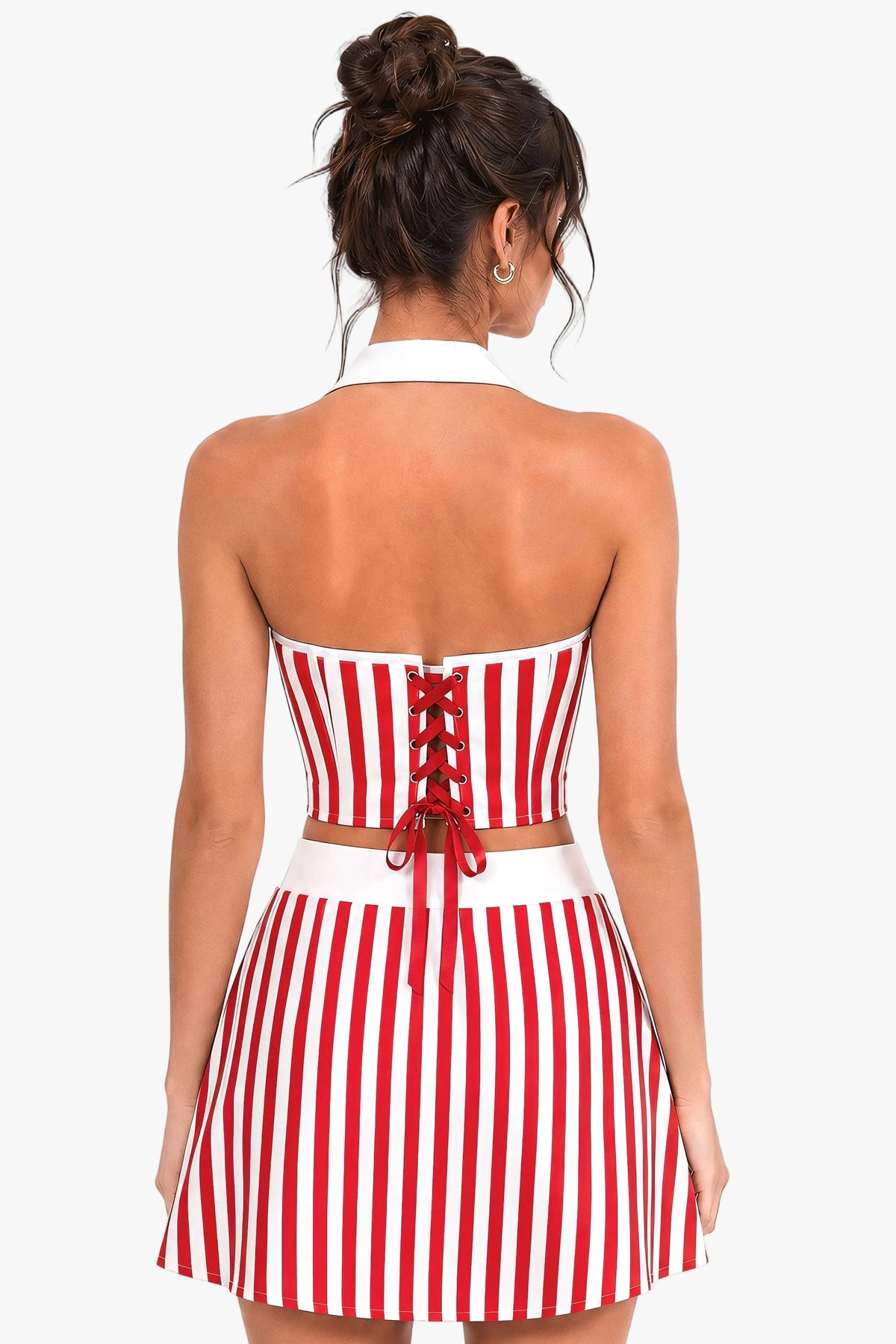 A woman shown from the back wearing a red and white vertically striped halter corset with a lace-up back and a thin brown belt at the waist, against a plain white studio background.