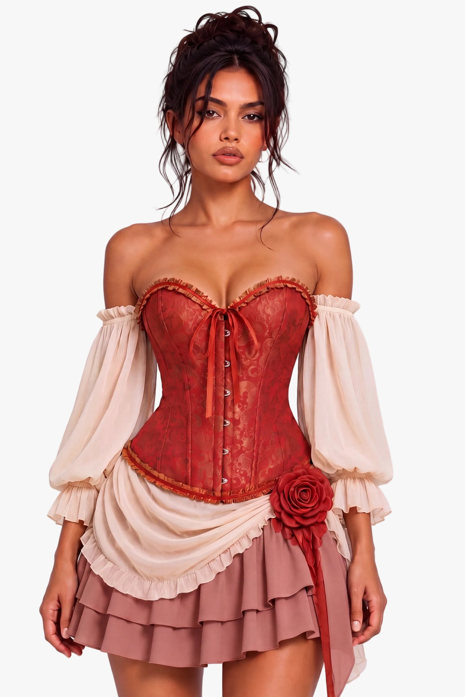 A model wearing a Victorian-style corset dress with a red lace corset top, cream puff sleeves, and a tiered dusty rose skirt, posed against a light gray studio background.