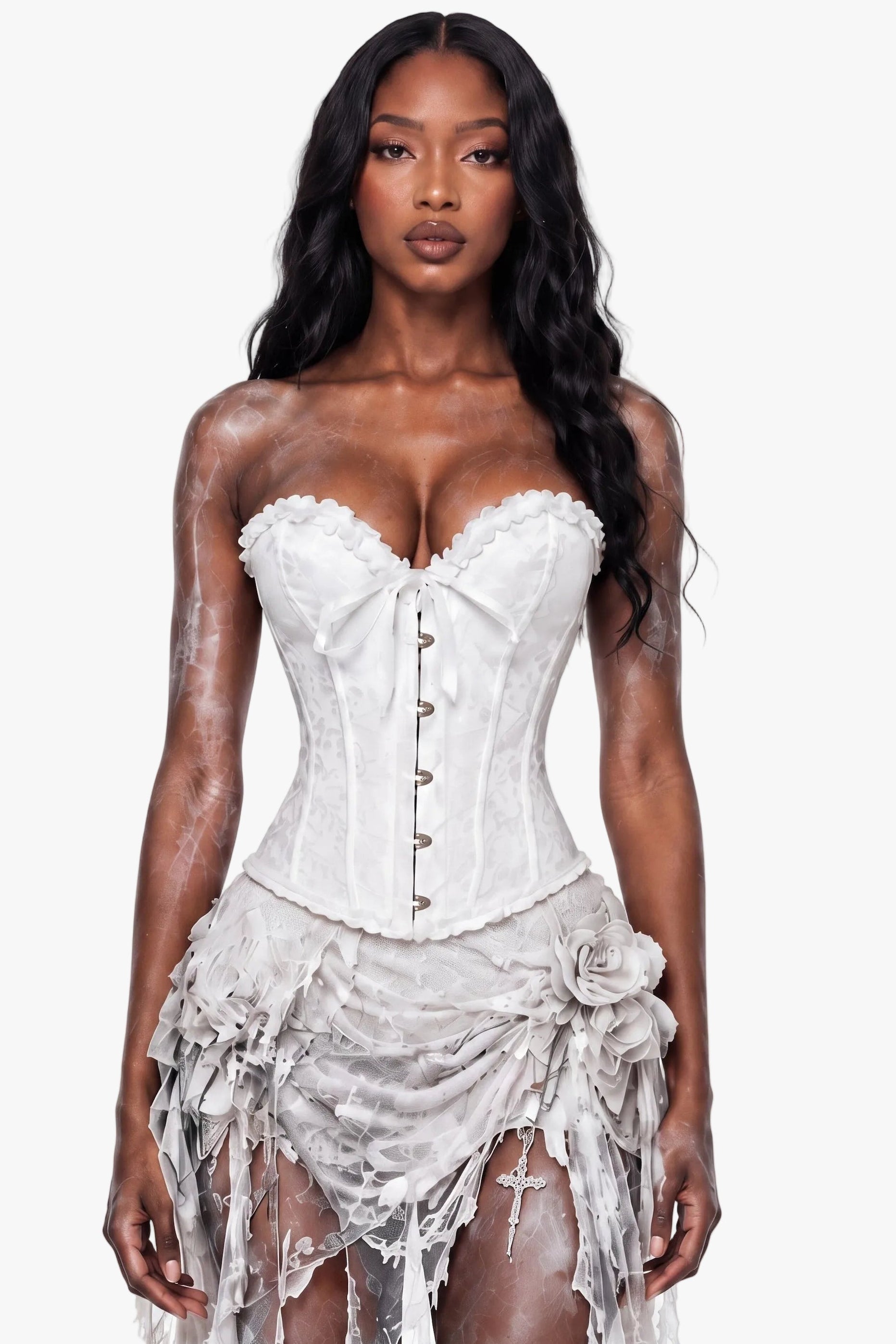 A model wearing a white corset top with lace trim and a matching distressed tattered skirt, posed against a solid white background.