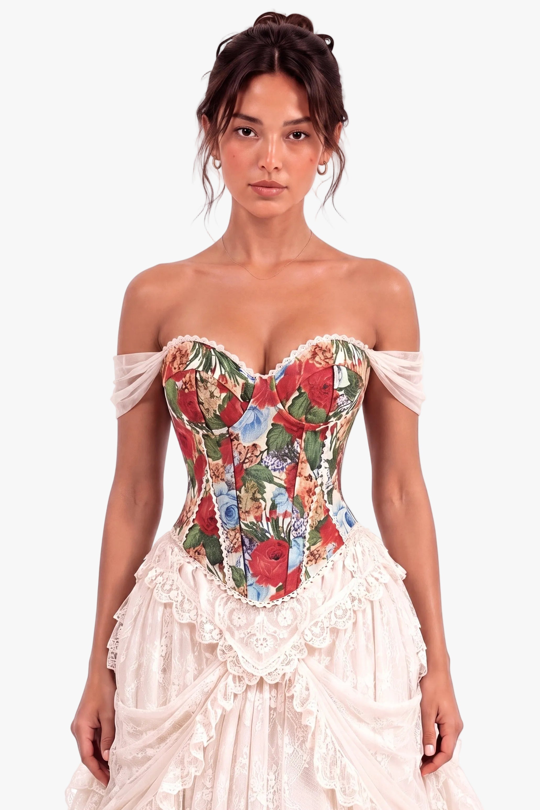 A woman modeling an off-the-shoulder corset dress with a colorful floral and botanical print corset bodice and a voluminous cream lace skirt, set against a plain white background.