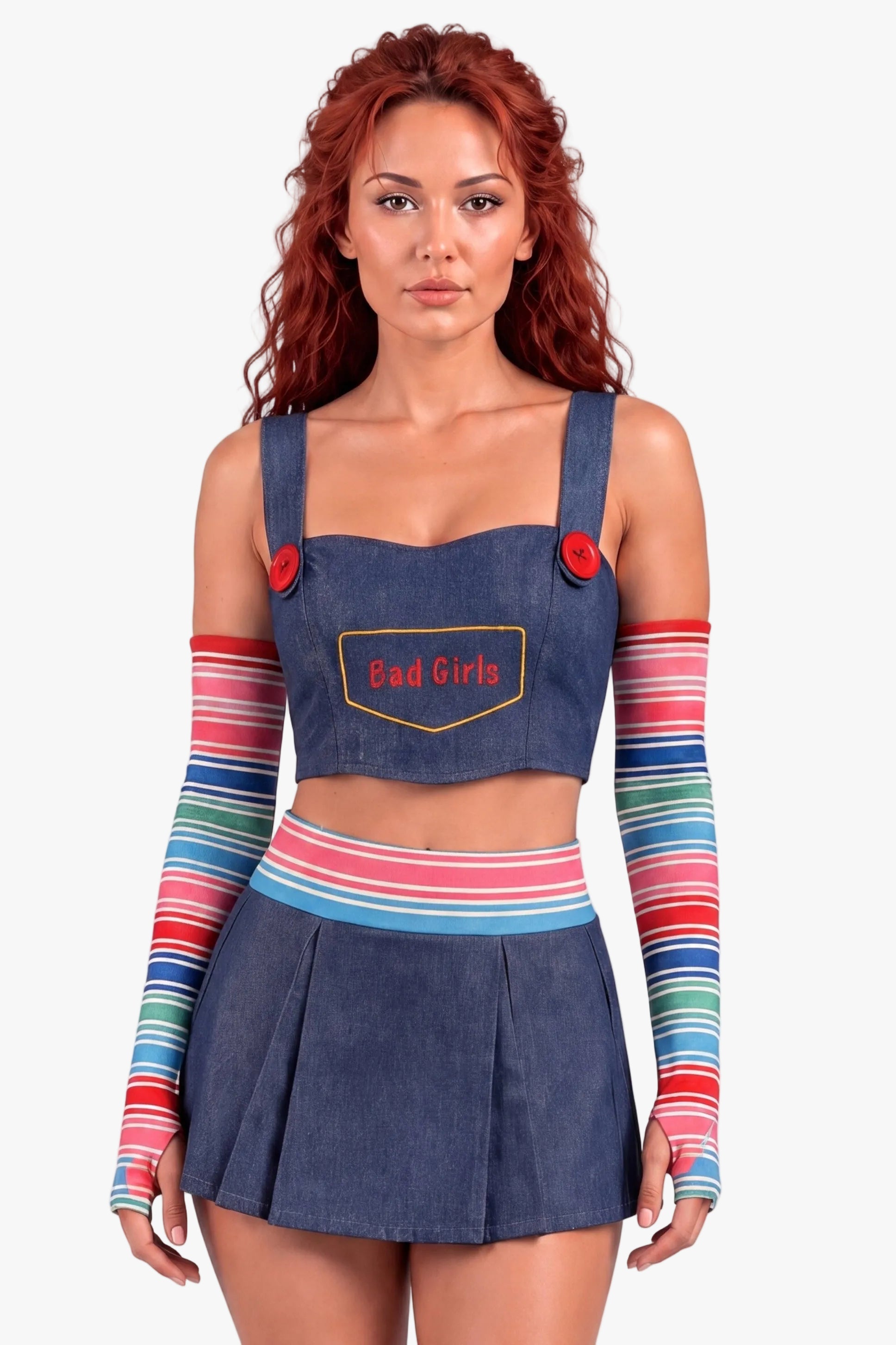 A model with red hair wearing a denim Chucky-inspired costume set featuring a crop top with 'Bad Girls' text, matching pleated skirt, and colorful striped arm warmers, against a light gray background.