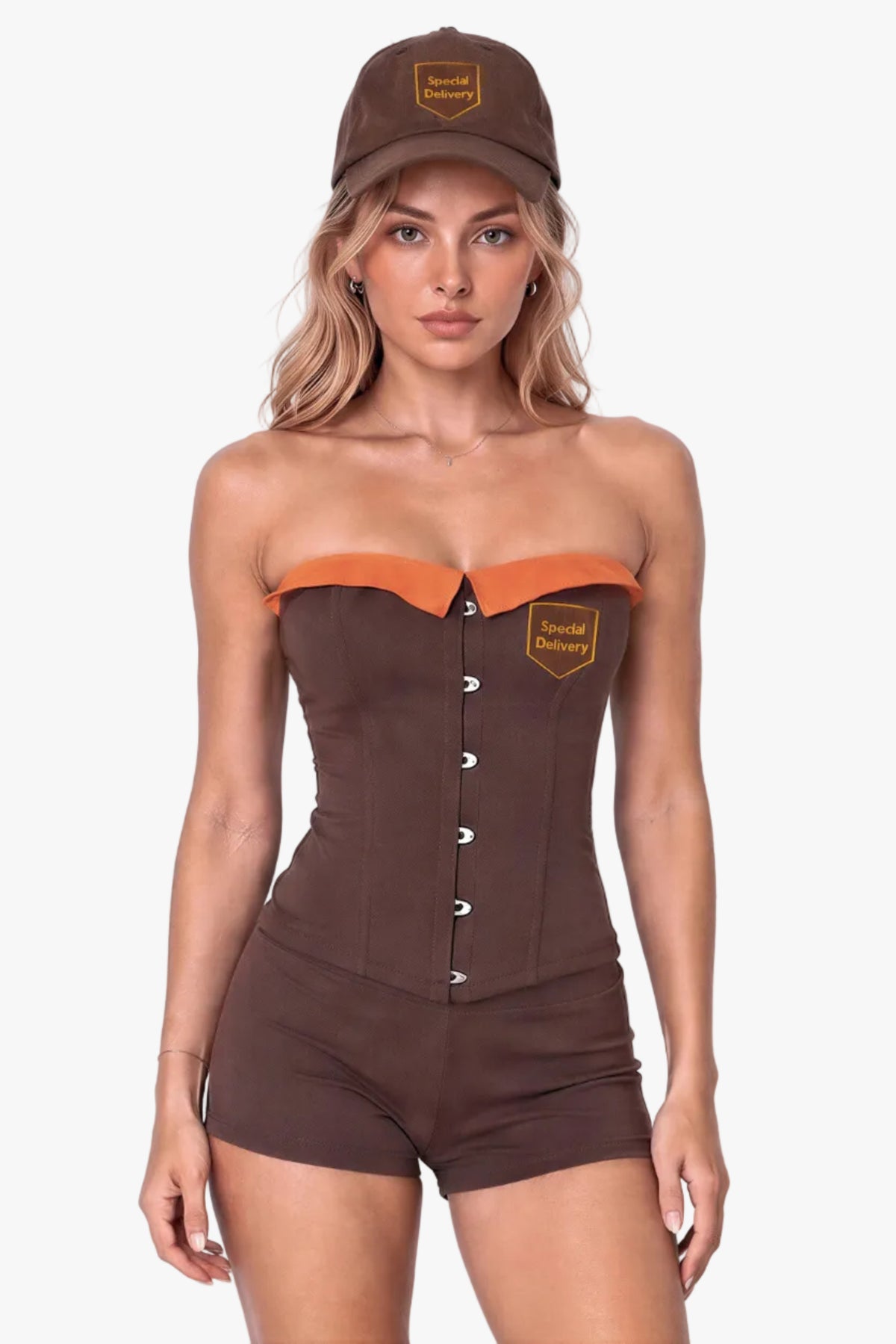 A woman modeling a  delivery driver (UPS inspired) brown strapless corset with orange trim and a matching brown baseball cap, photographed against a plain light background.